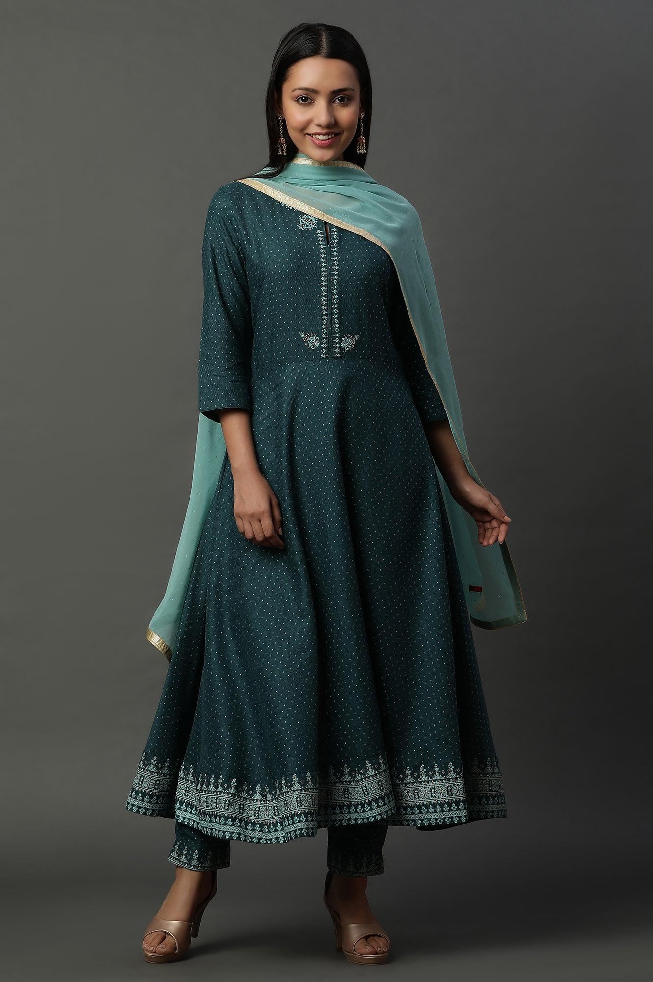 Teal Green Embellished Flared Kurta, Pants And Dupatta Set - Image 3