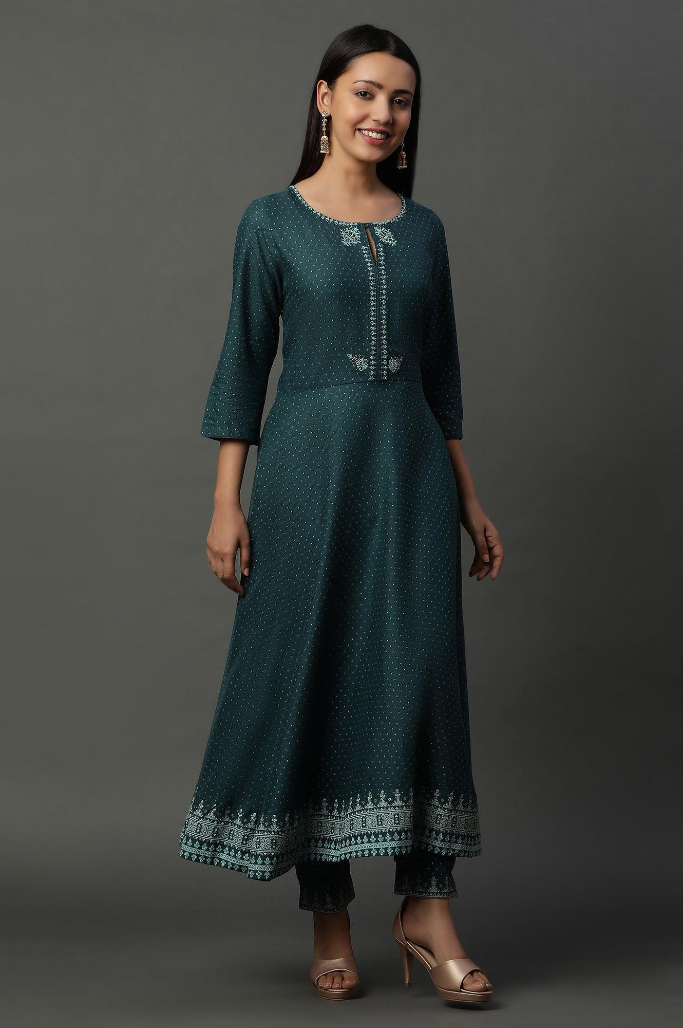 Teal Green Embellished Flared Kurta, Pants And Dupatta Set - Image 4