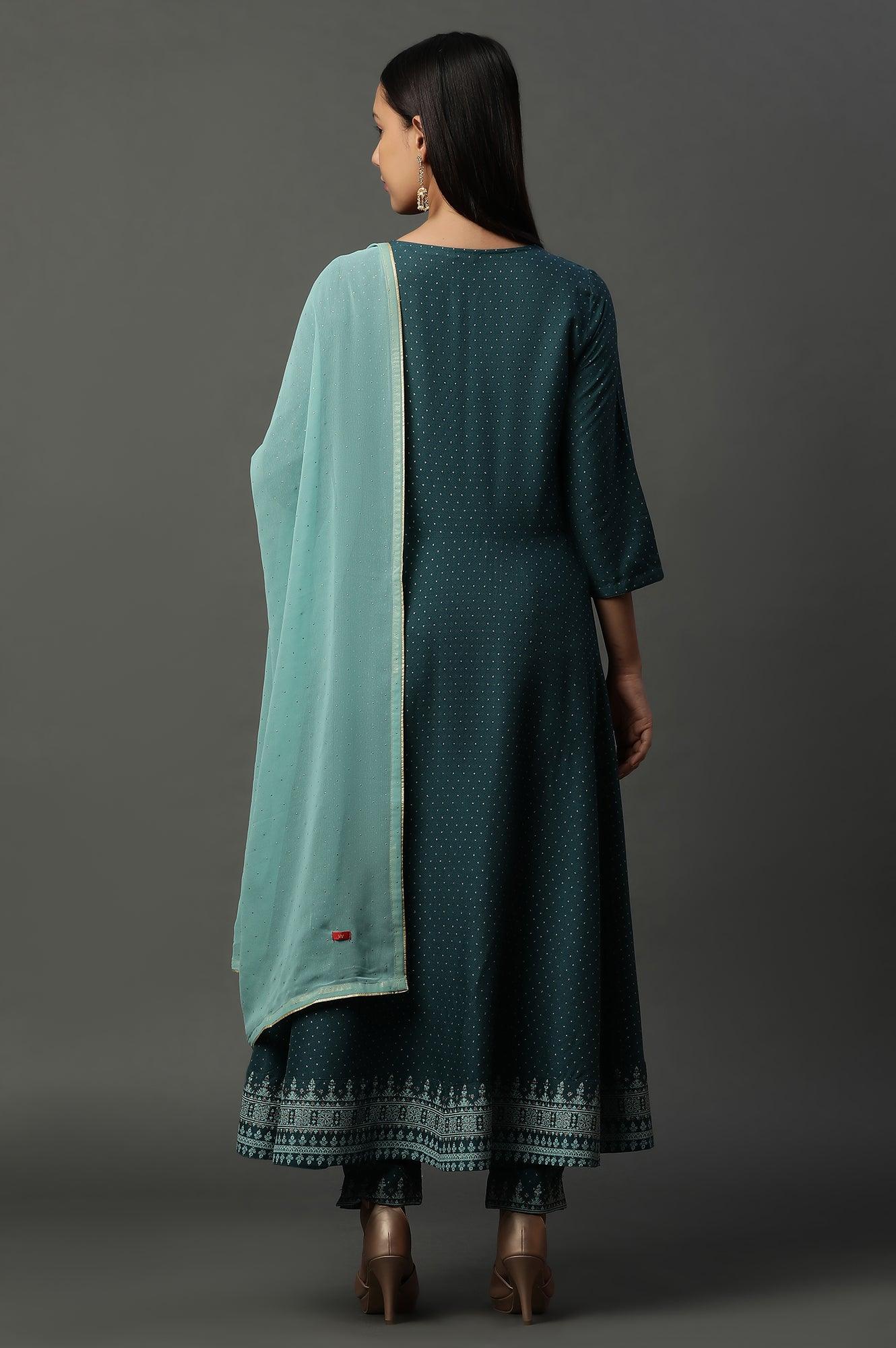 Teal Green Embellished Flared Kurta, Pants And Dupatta Set - Image 5