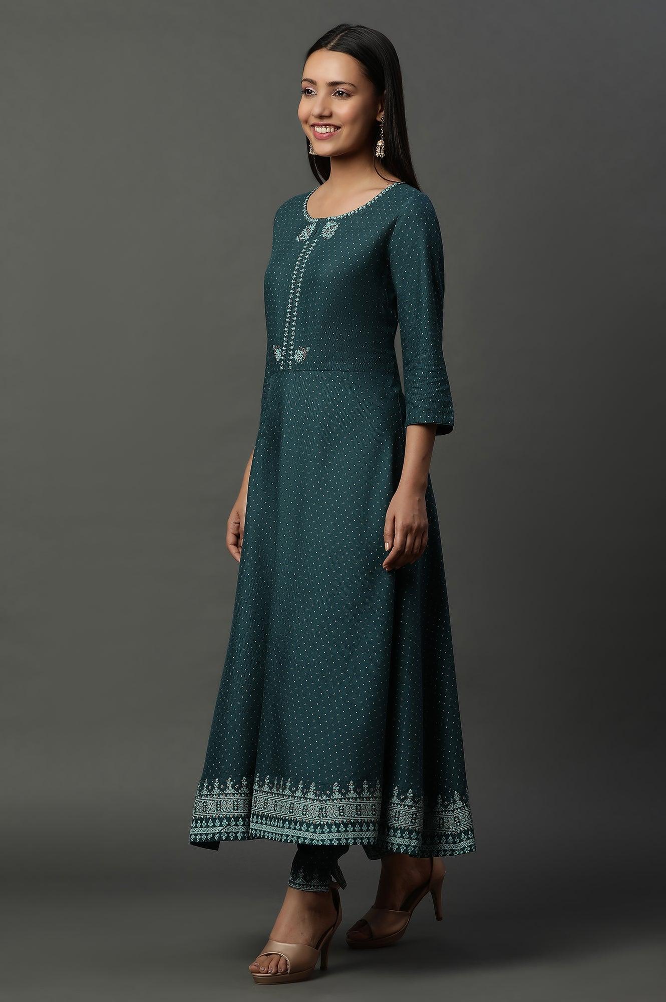 Teal Green Embellished Flared Kurta, Pants And Dupatta Set - Image 6