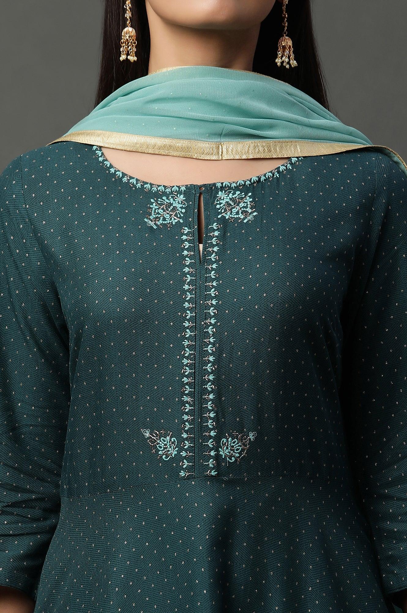 Teal Green Embellished Flared Kurta, Pants And Dupatta Set - Image 7