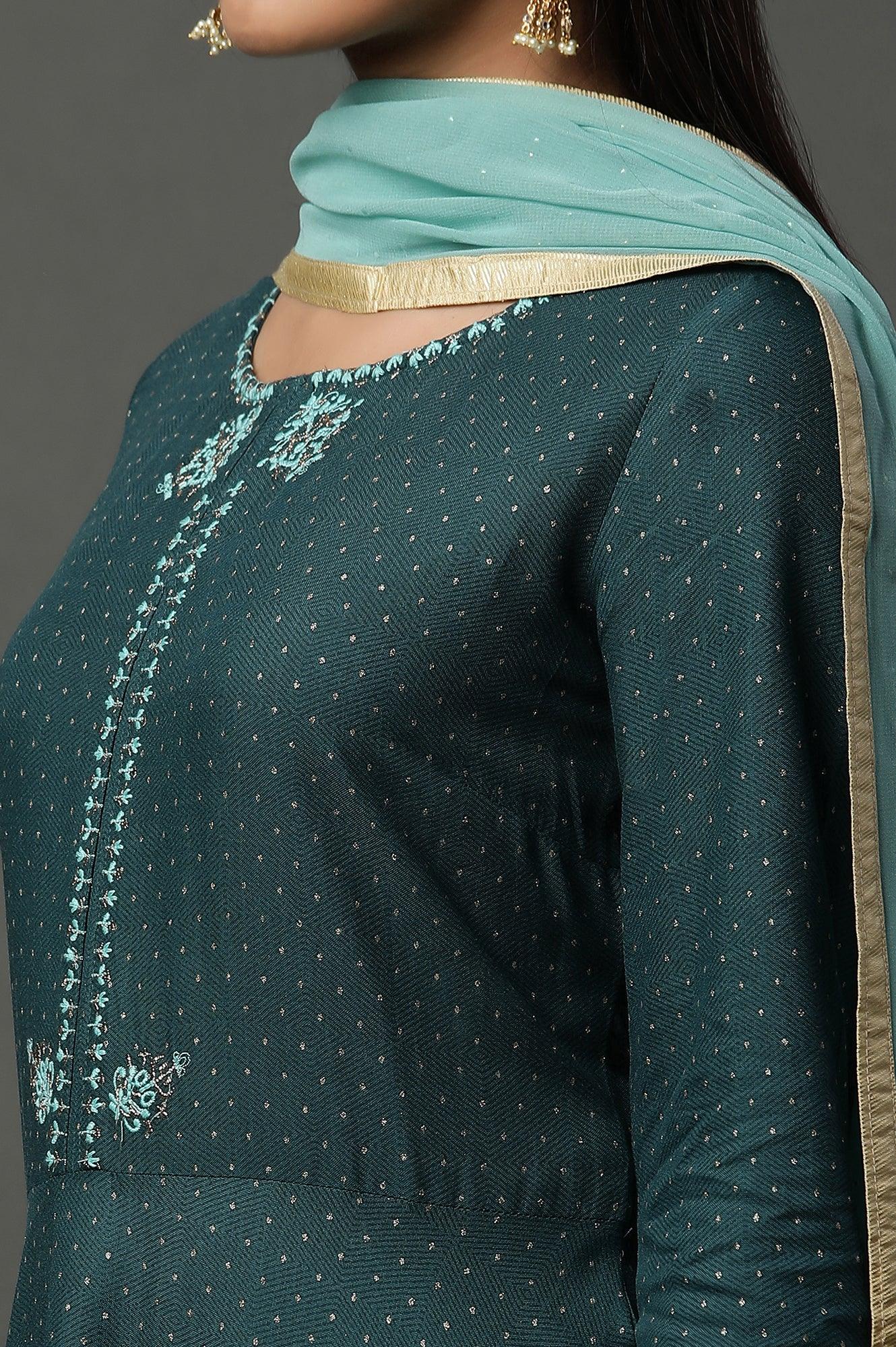 Teal Green Embellished Flared Kurta, Pants And Dupatta Set - Image 8