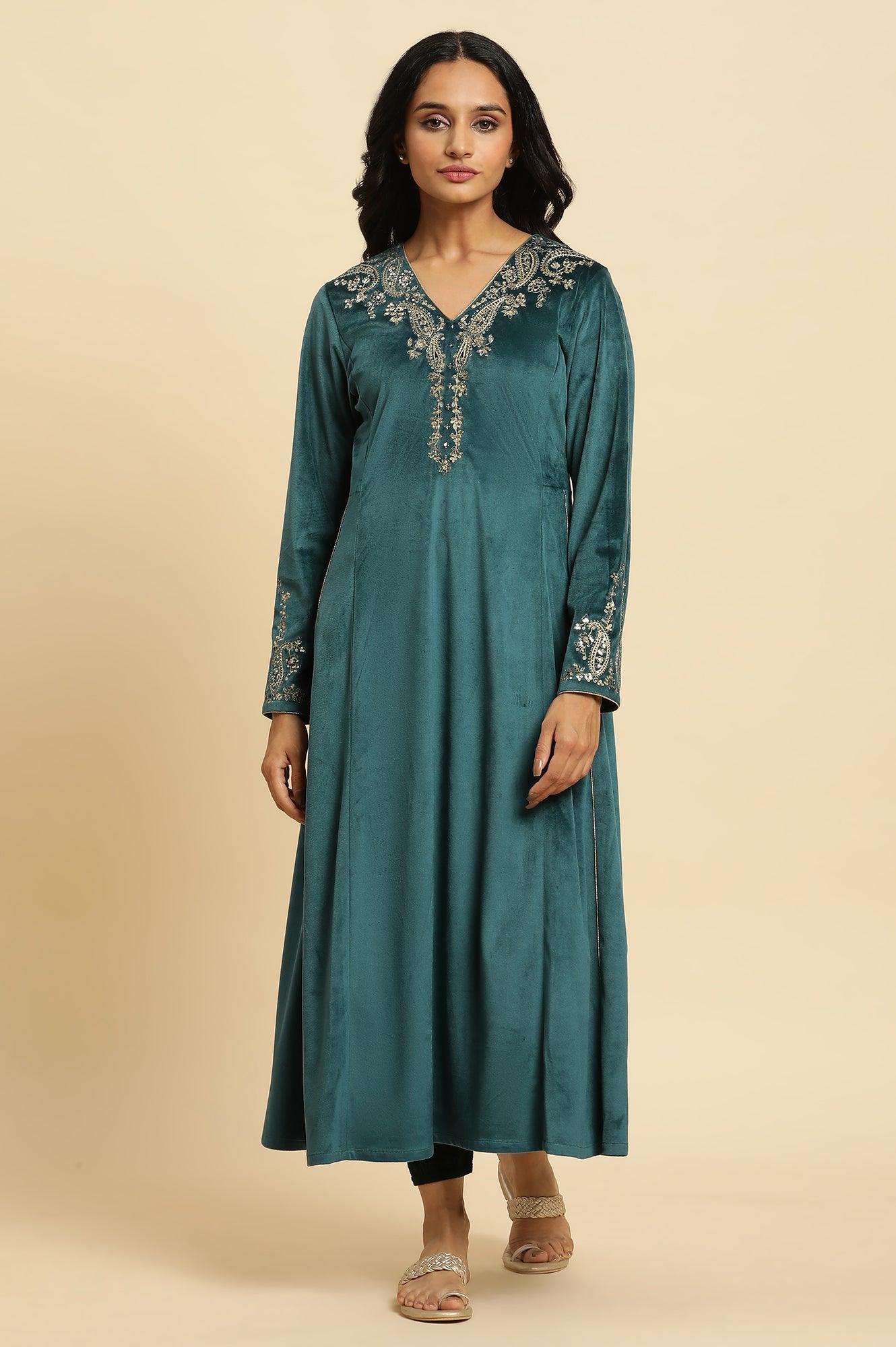 Teal Green Embroidered Flared Velvet Kurta - Image 2