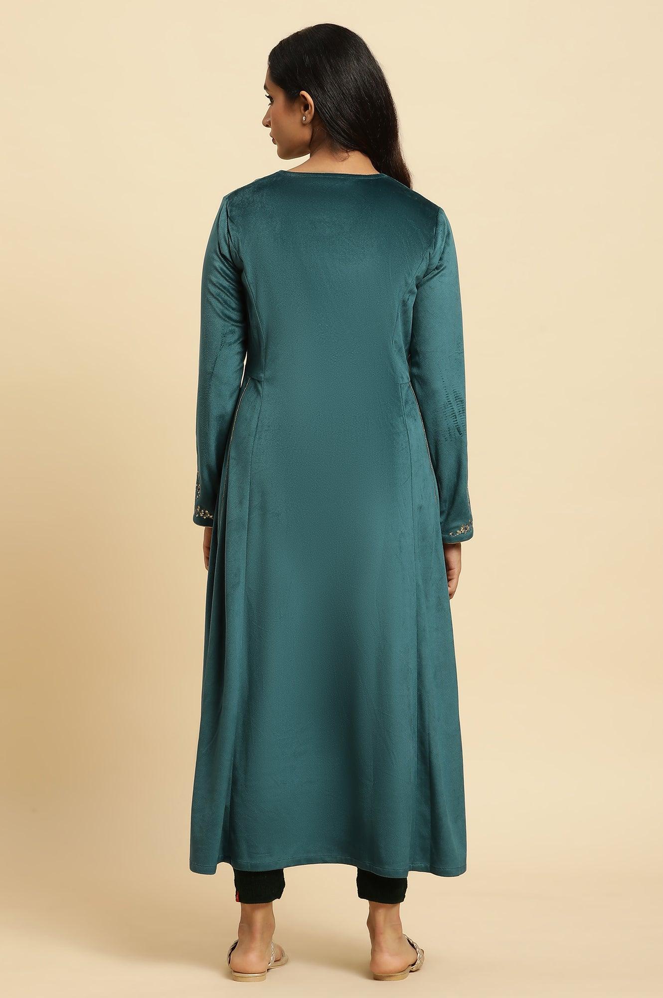 Teal Green Embroidered Flared Velvet Kurta - Image 4