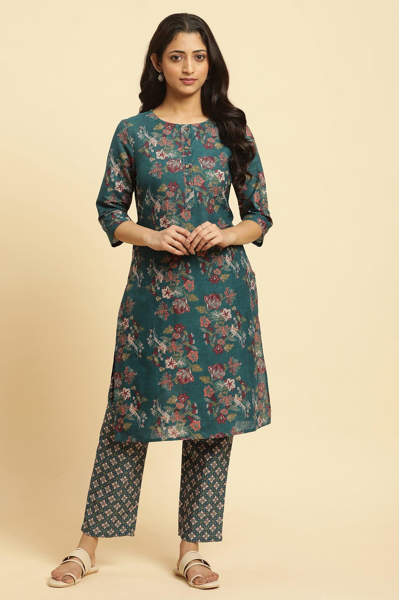 Teal Green Floral Printed Kurta And Pants Set - Image 2