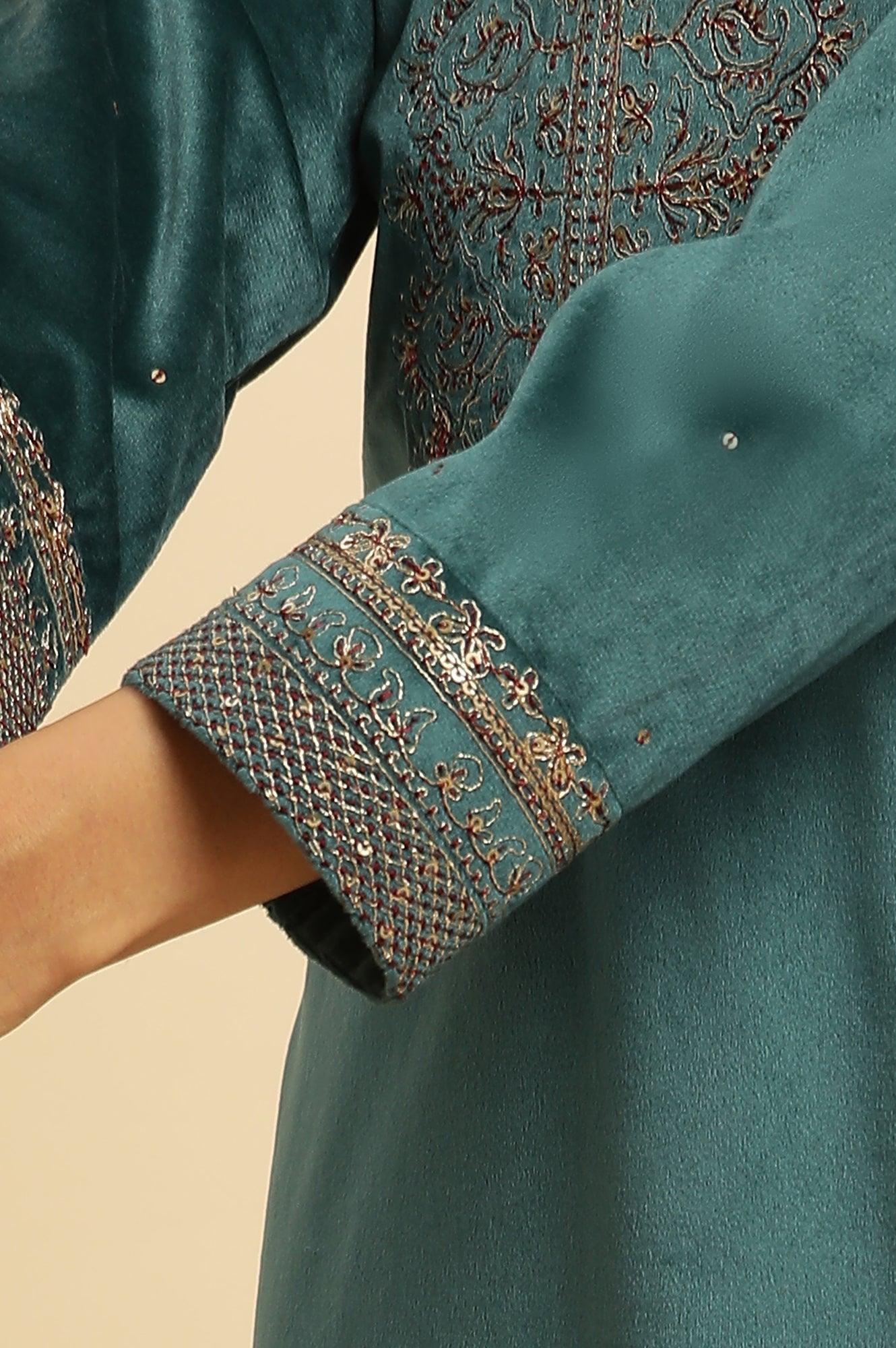 Teal Green Velvet Embroidered Festive Winter Kurta - Image 7