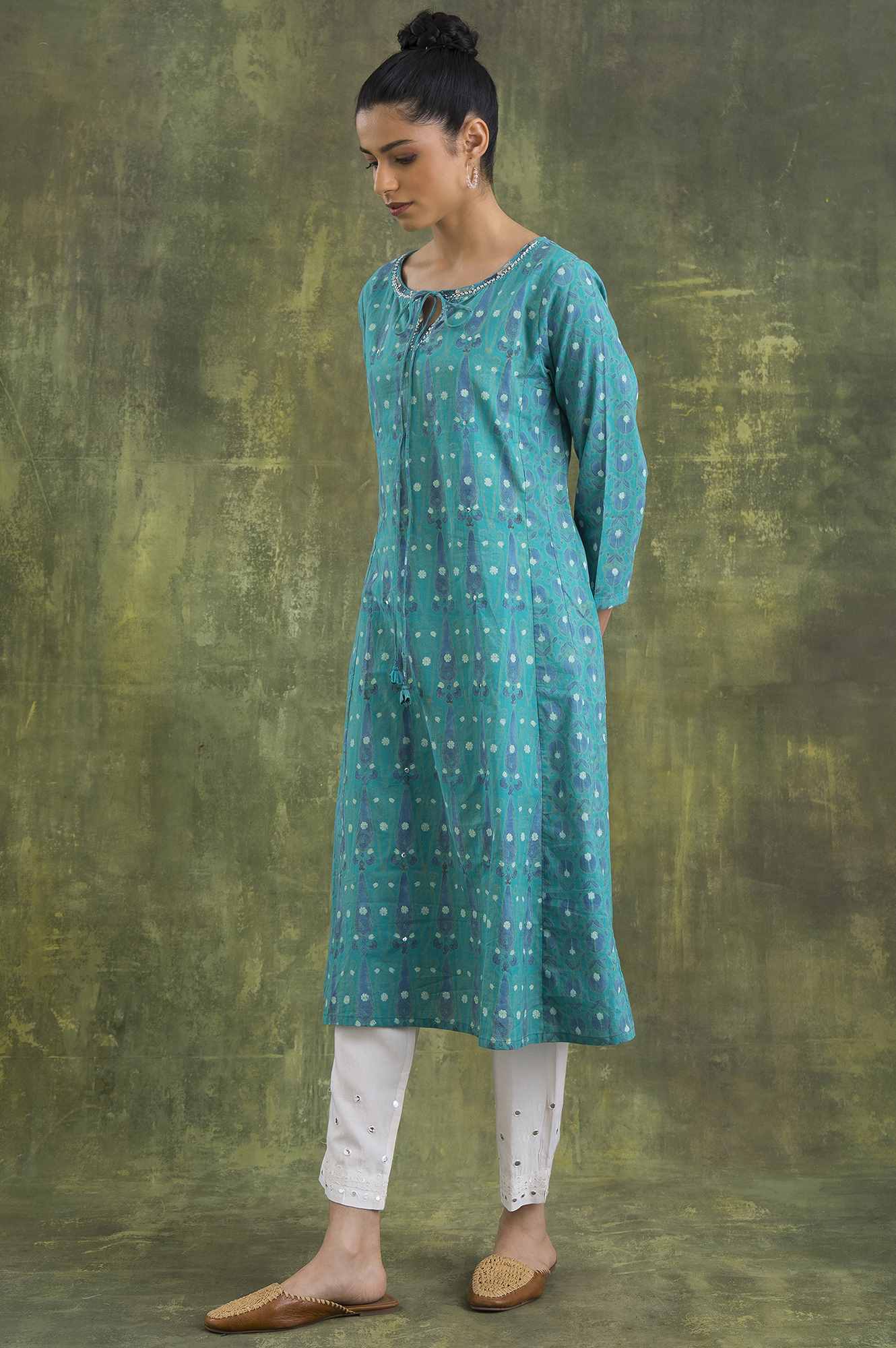 Teal Hand Block Print Cotton kurta - Image 3