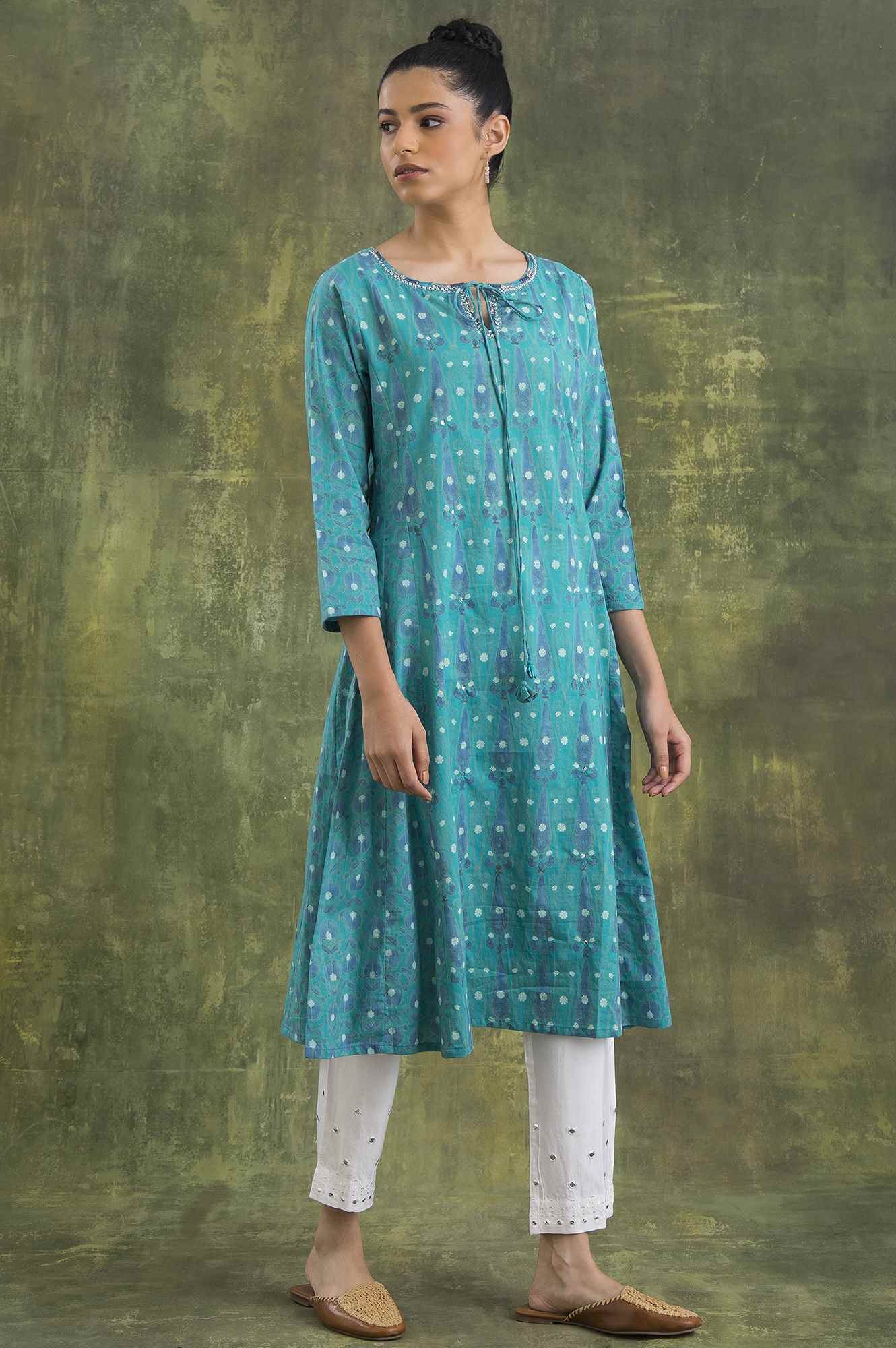 Teal Hand Block Print Cotton kurta - Image 4