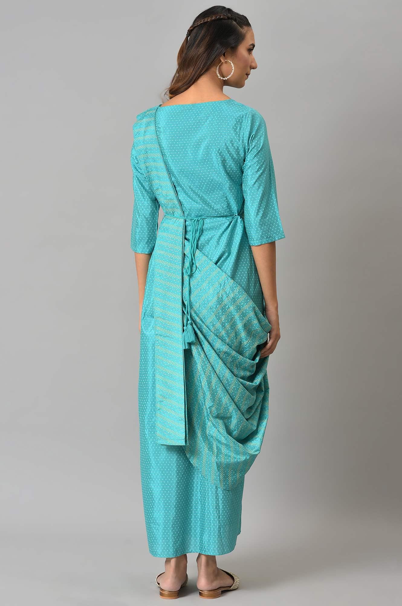 Teal Insta Saree Dress with Embroidered Belt - Image 2
