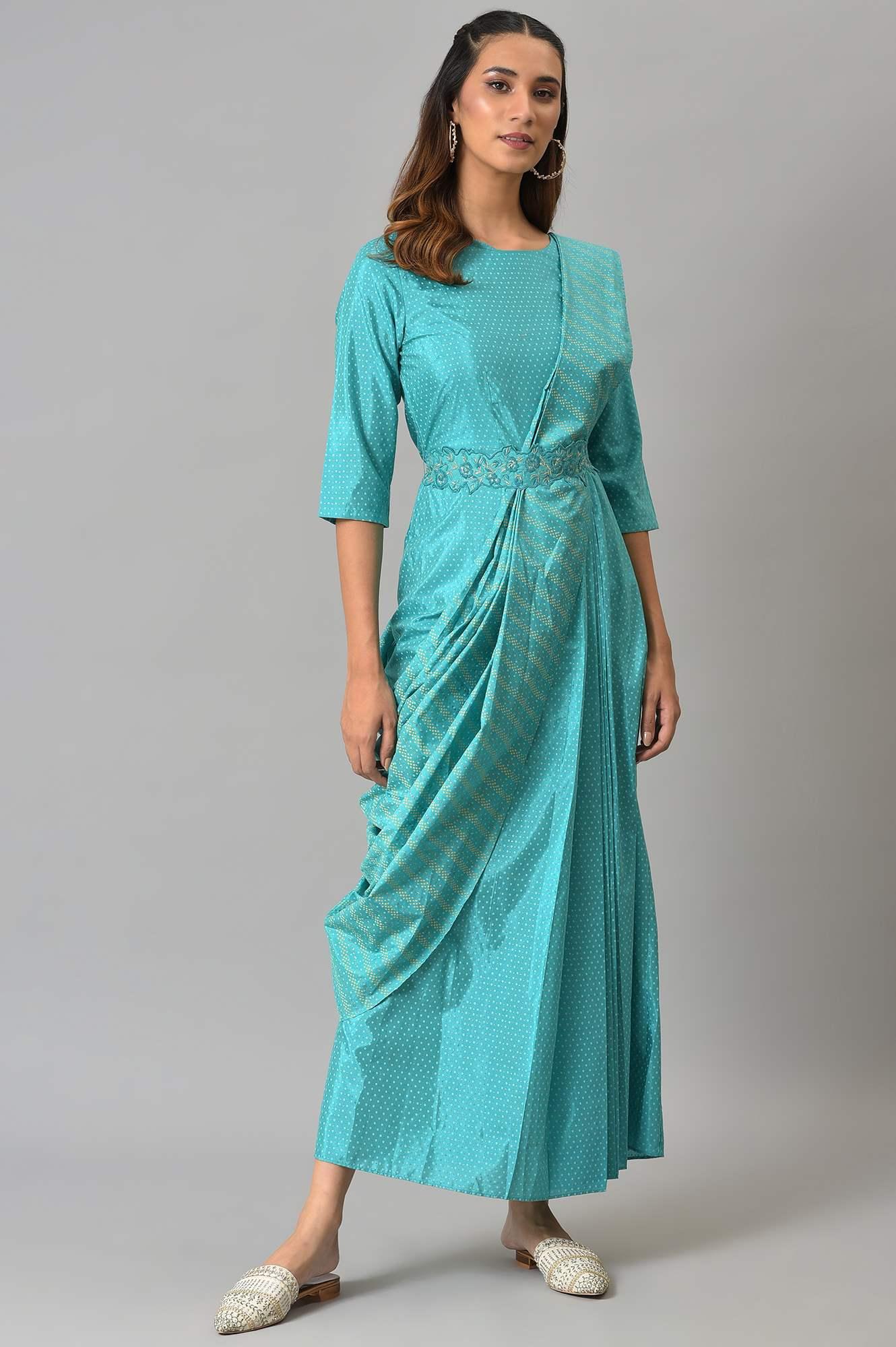 Teal Insta Saree Dress with Embroidered Belt - Image 6