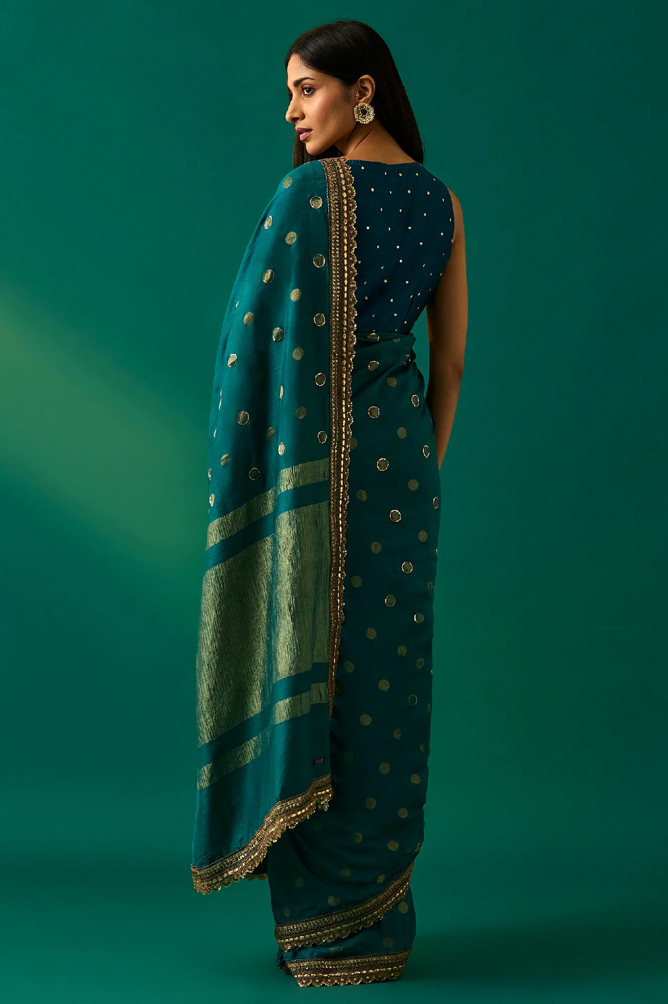 Teal Polka Dot Printed Sequinned Zari Work Ethnic Silk Saree with Unstitched Blouse - Image 4