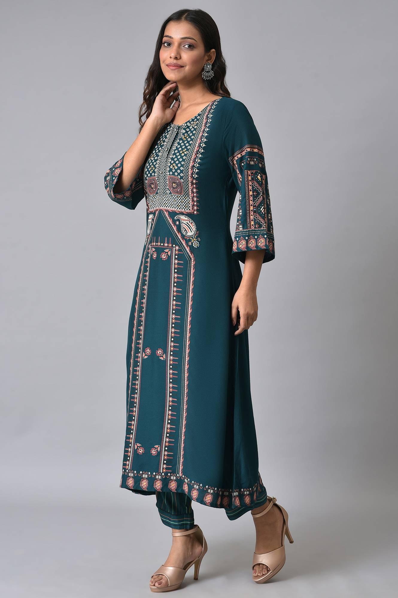 Teal Printed A-Line kurta Set - Image 3