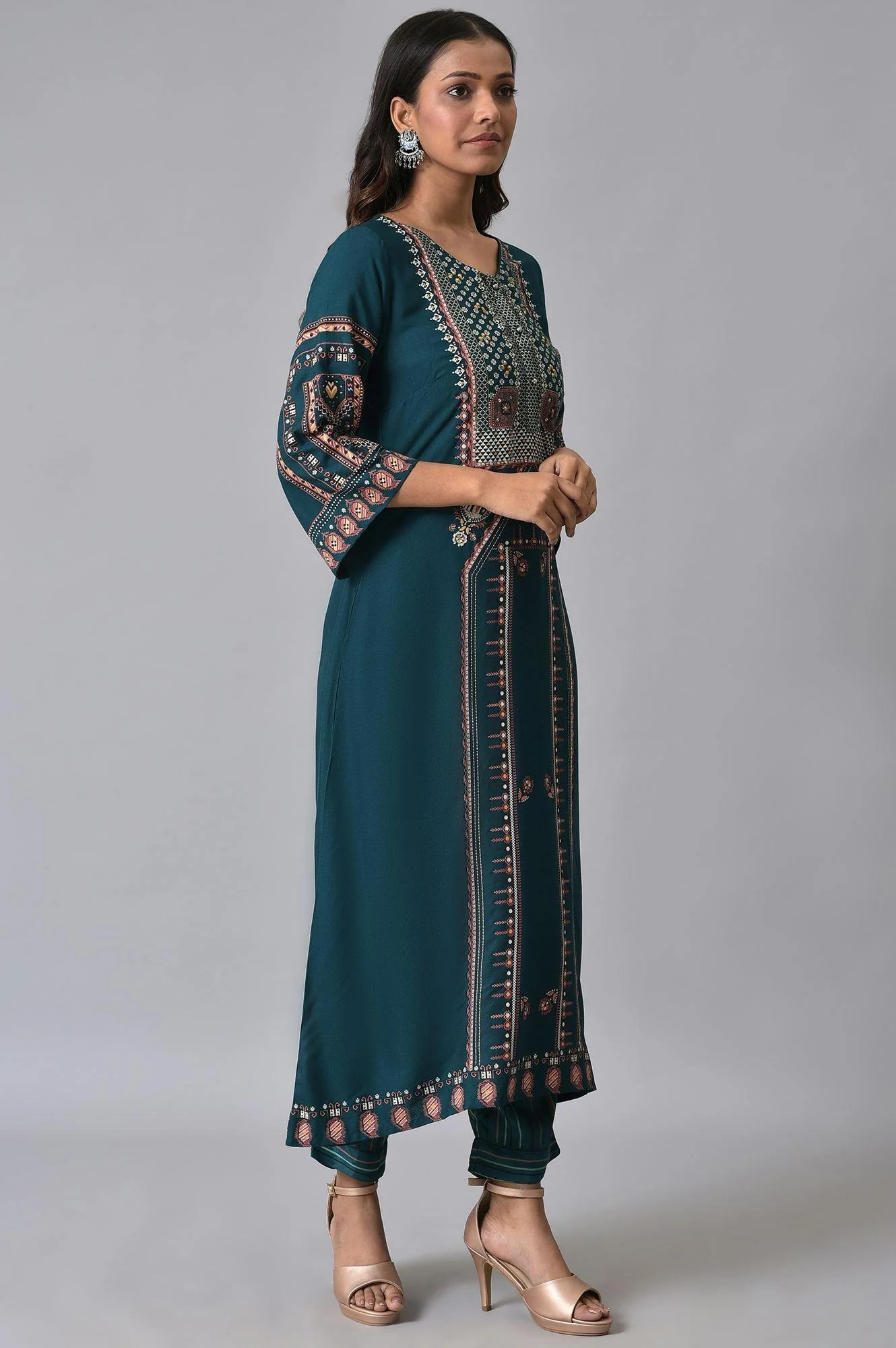 Teal Printed A-Line kurta Set - Image 4
