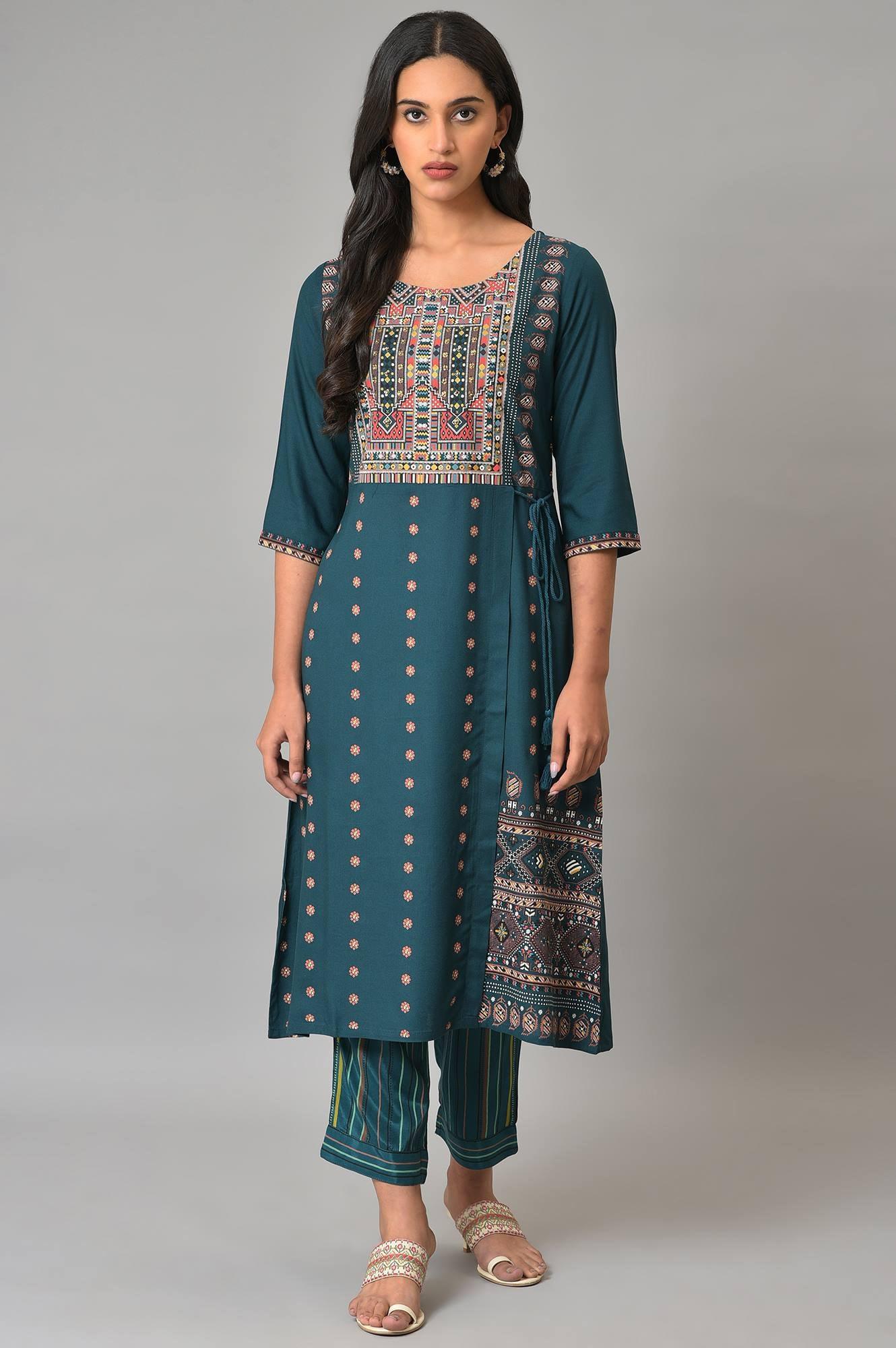 Teal Printed A-Line Mock Layer Plus Size kurta
