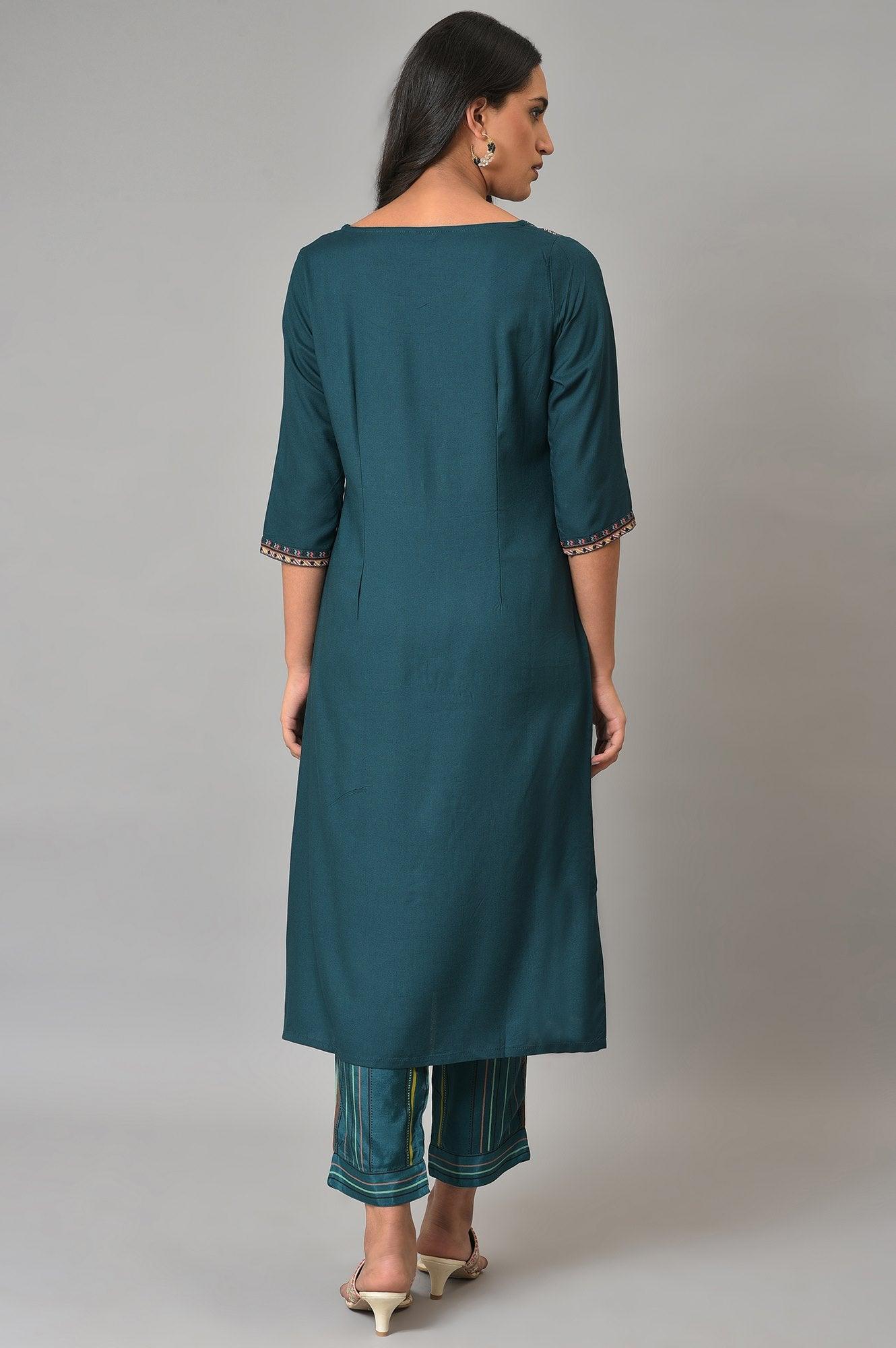 Teal Printed A-Line Mock Layer Plus Size kurta - Image 2