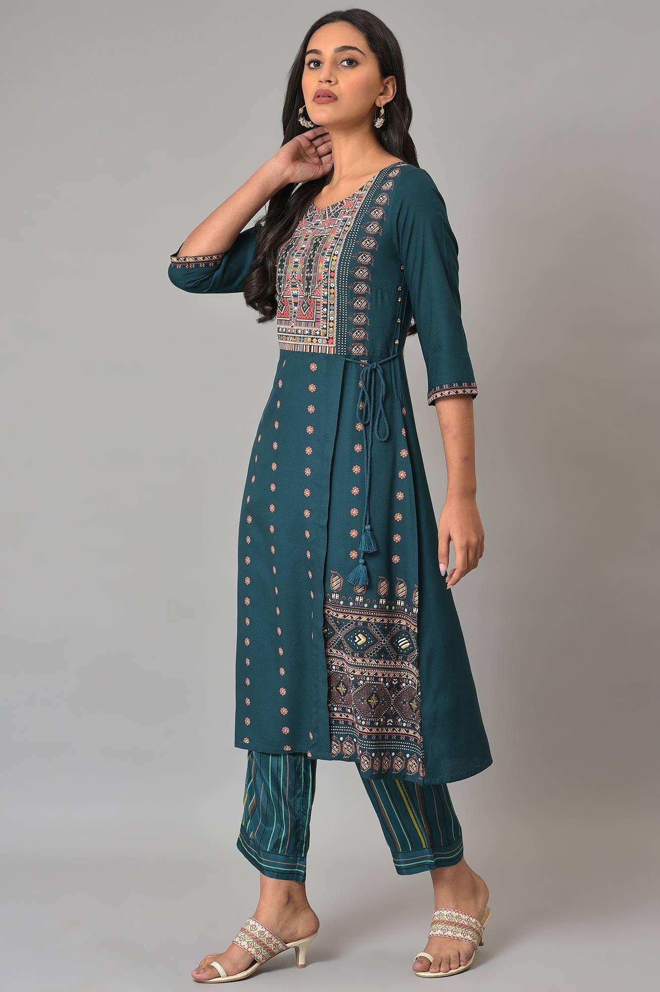 Teal Printed A-Line Mock Layer Plus Size kurta - Image 3