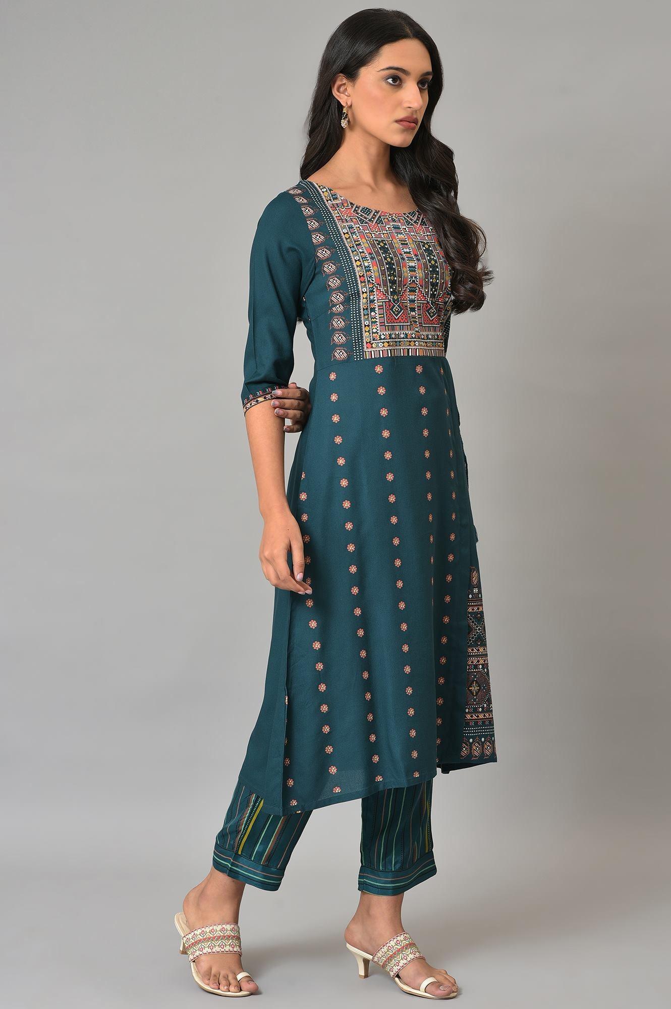 Teal Printed A-Line Mock Layer Plus Size kurta - Image 4