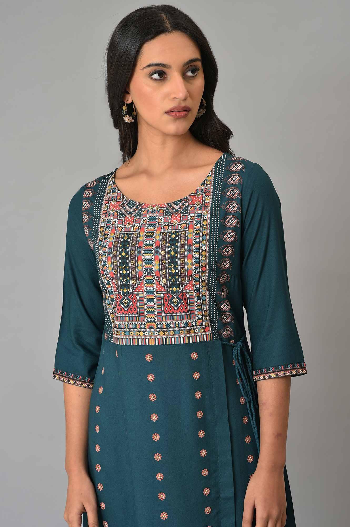 Teal Printed A-Line Mock Layer Plus Size kurta - Image 5