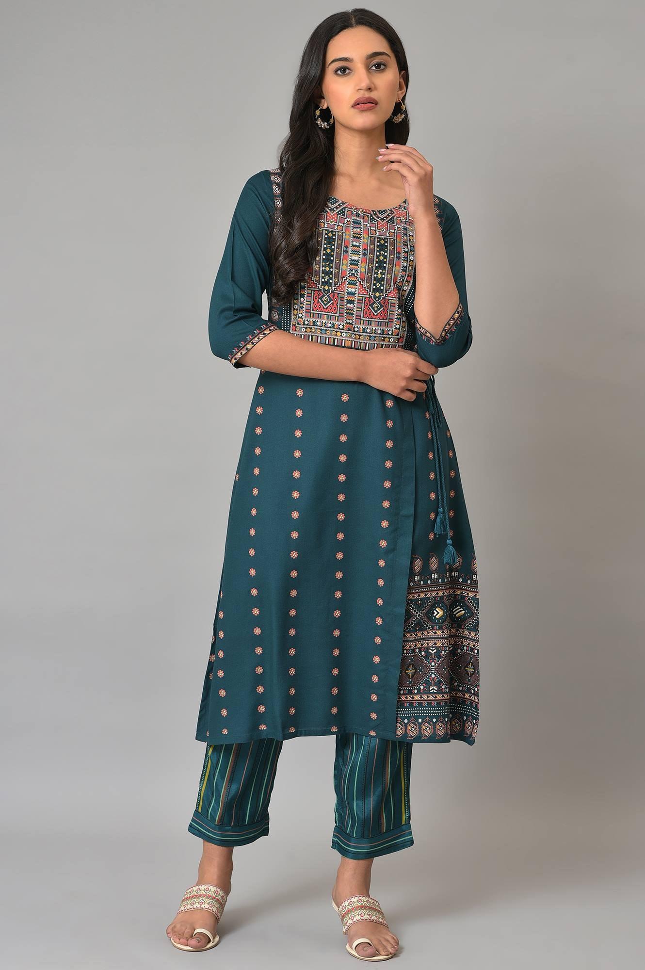 Teal Printed A-Line Mock Layer Plus Size kurta - Image 6