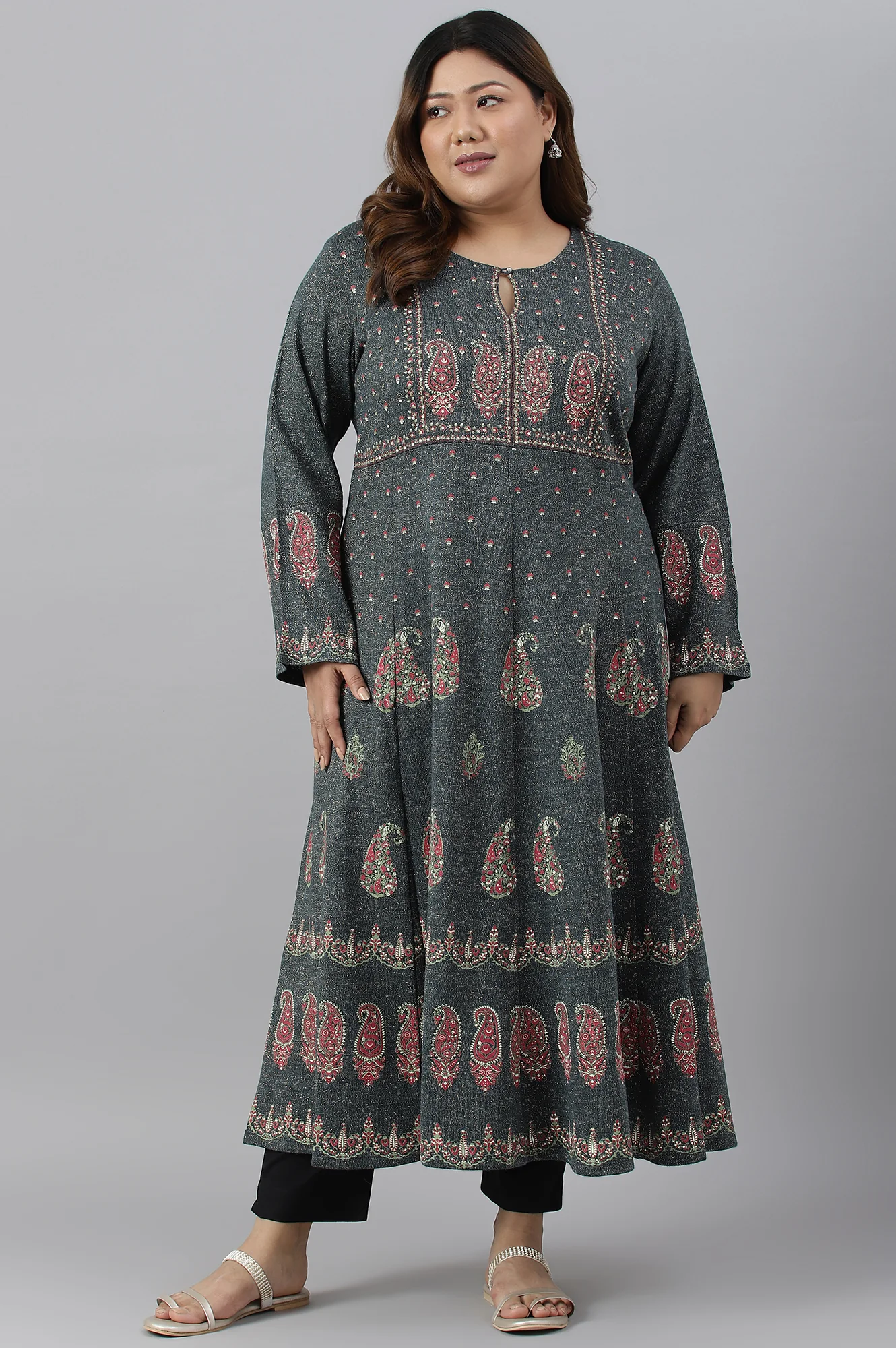 Teal Printed A-Line Plus Size Winter kurta - Image 6