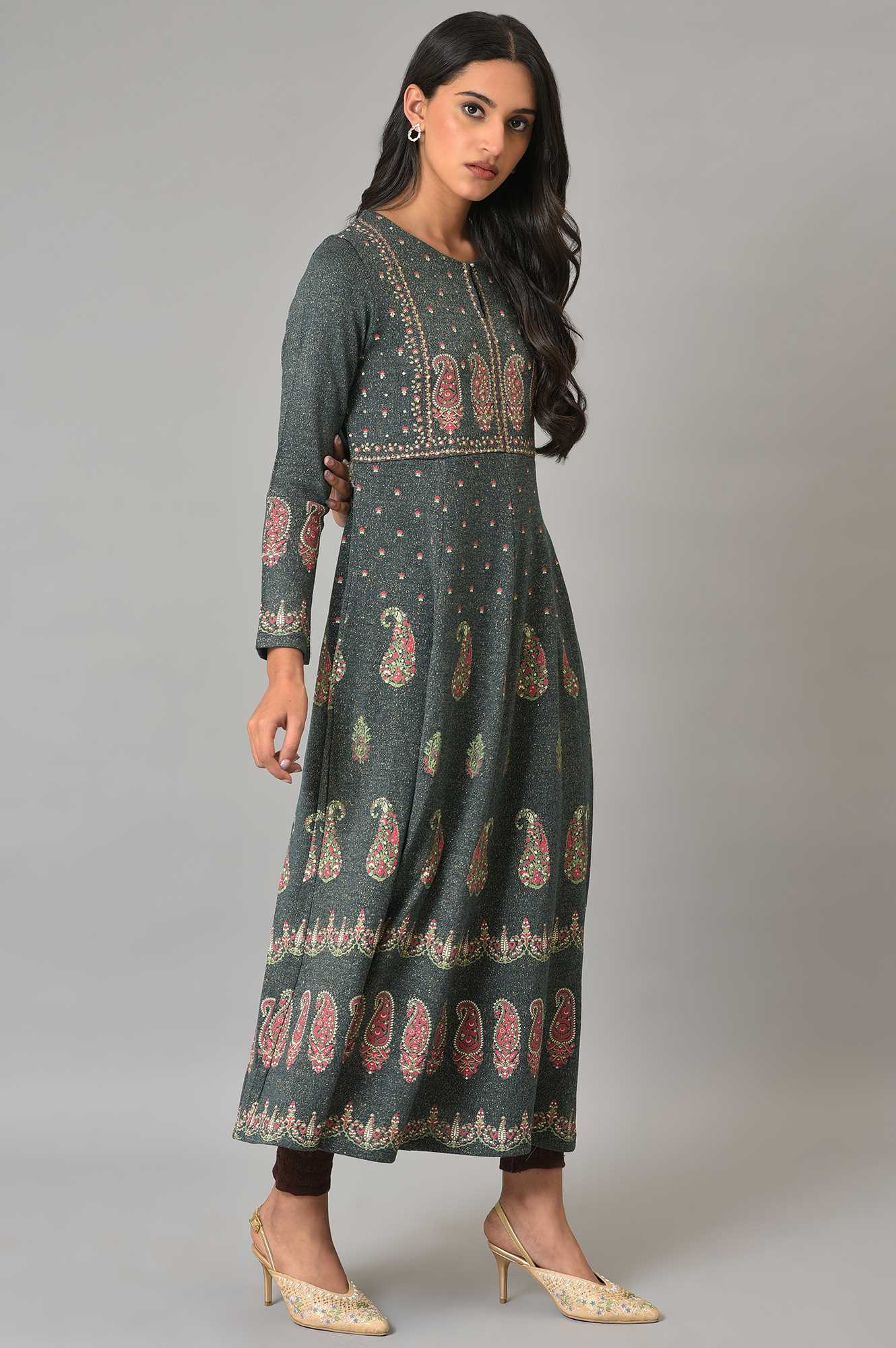 Teal Printed A-Line Winter Dress - Image 4