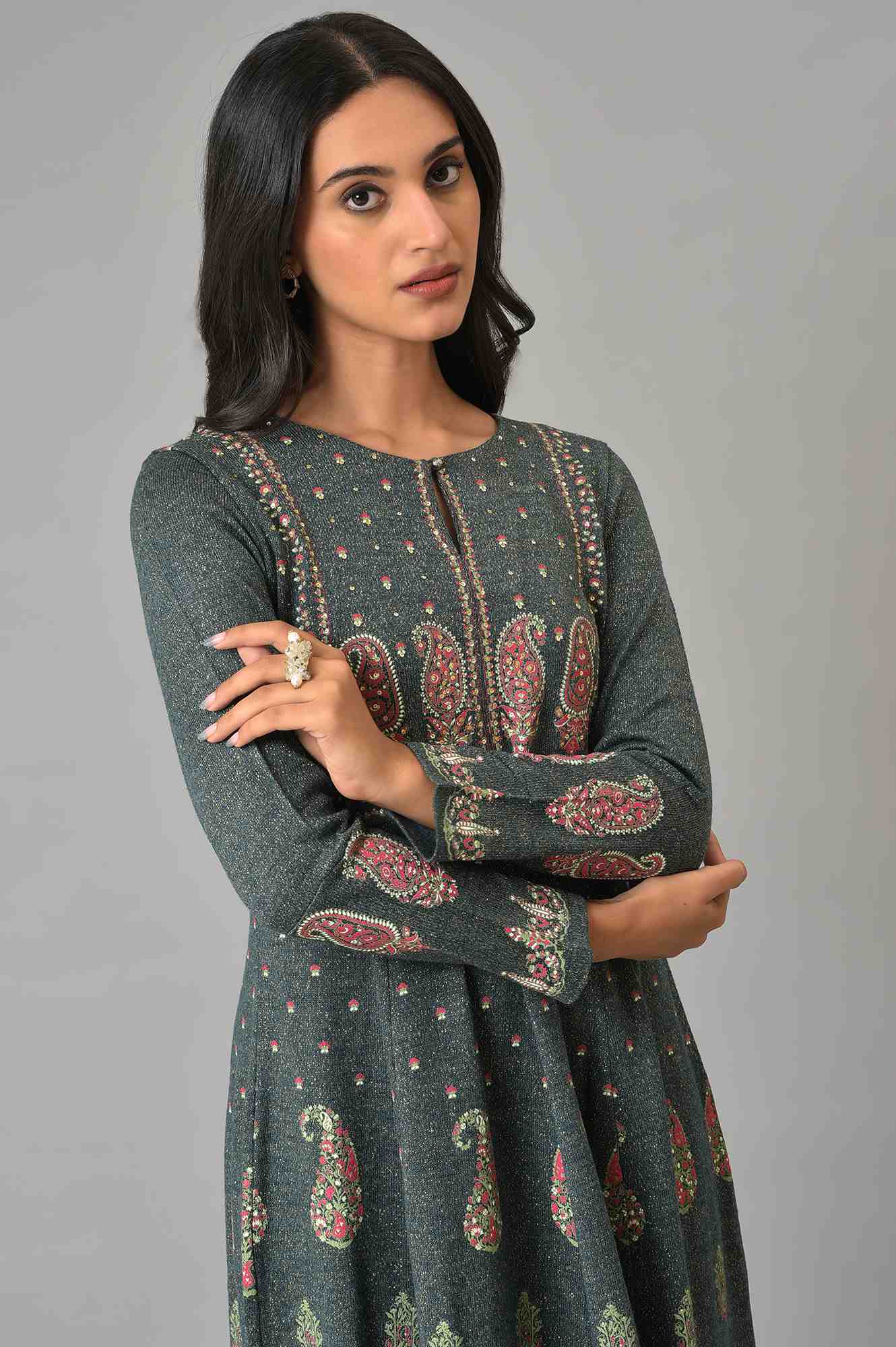 Teal Printed A-Line Winter Dress - Image 5