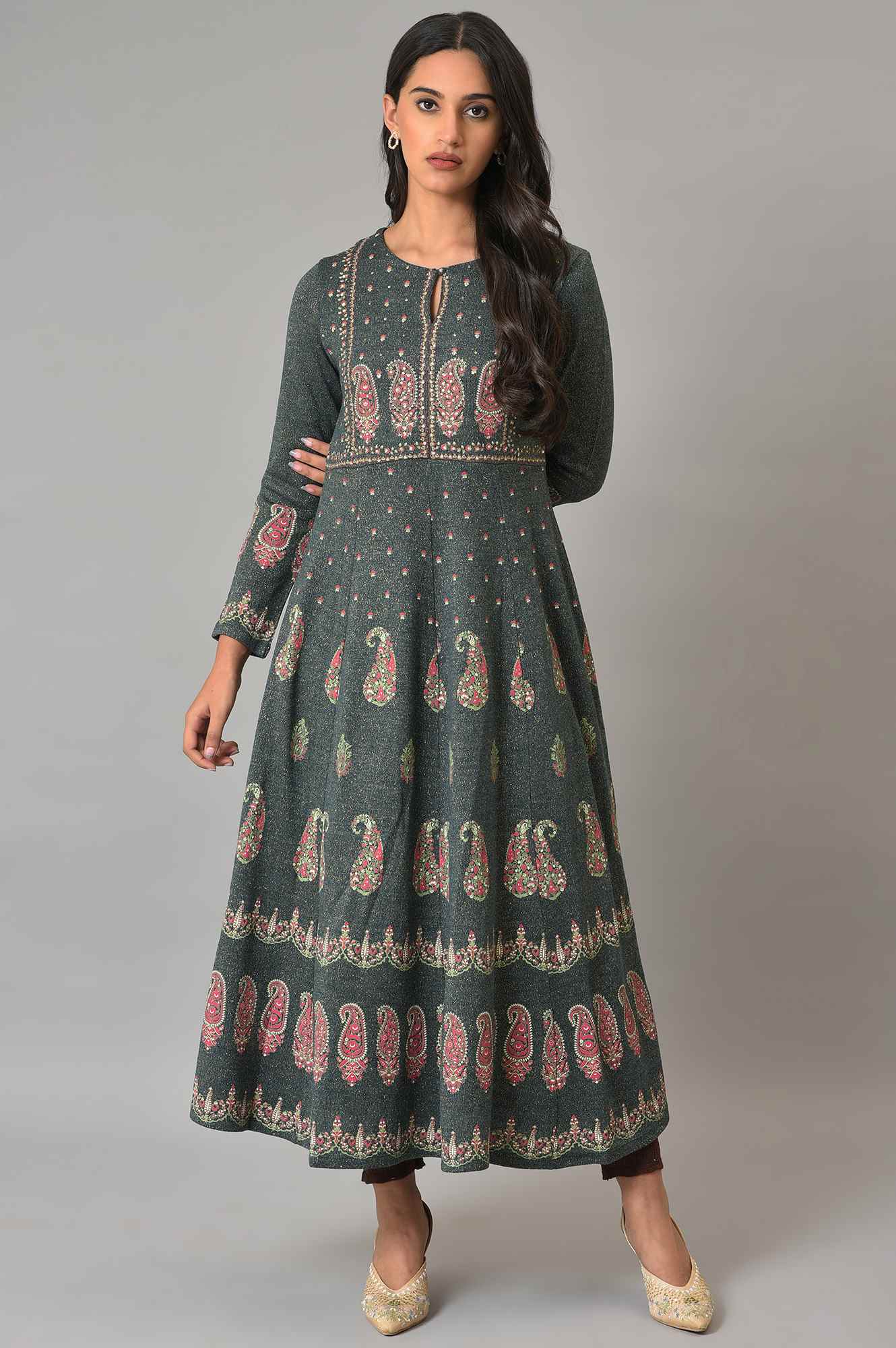 Teal Printed A-Line Winter Dress - Image 6