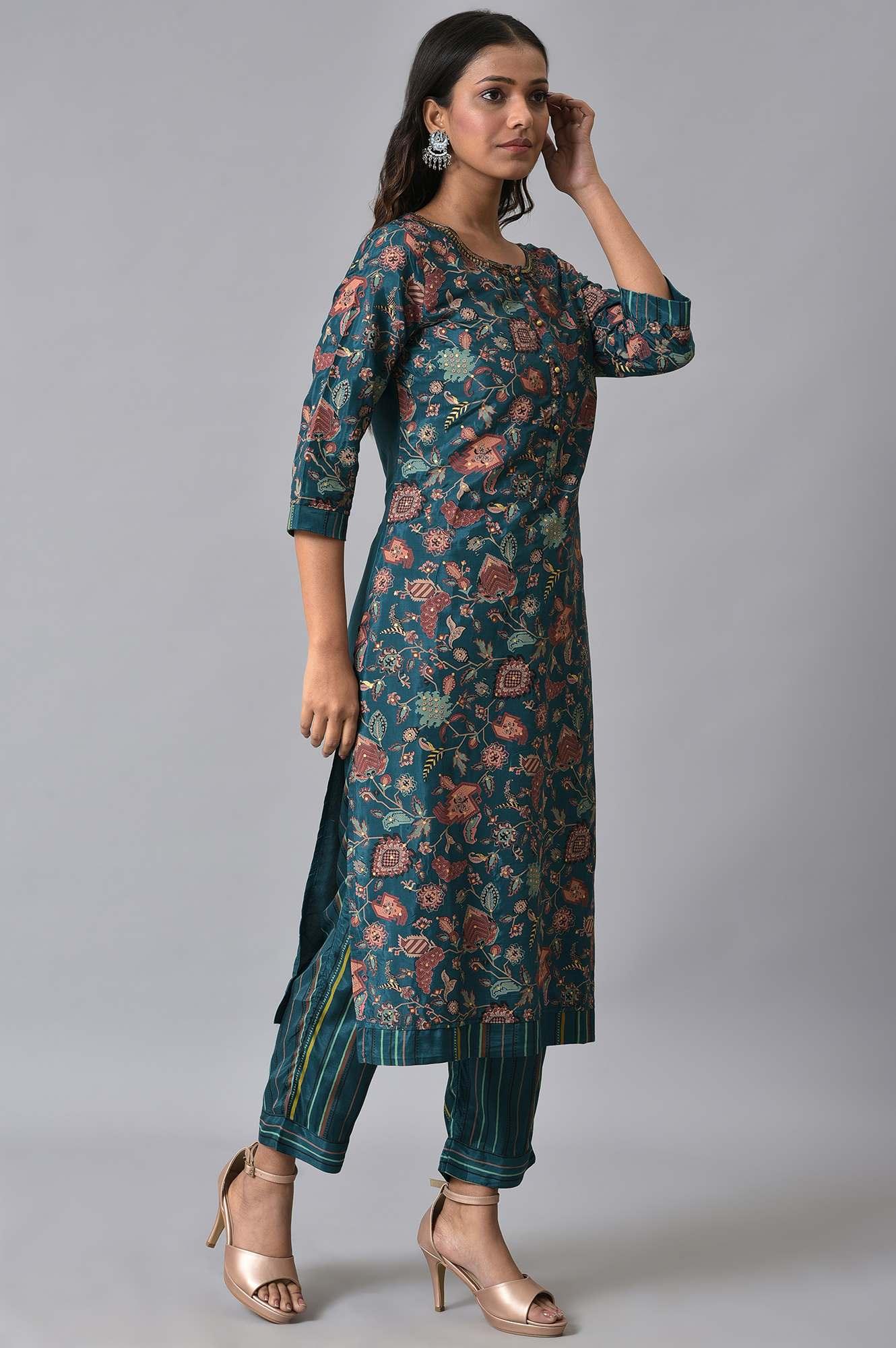 Teal Printed Embellished kurta Pant Set - Image 4