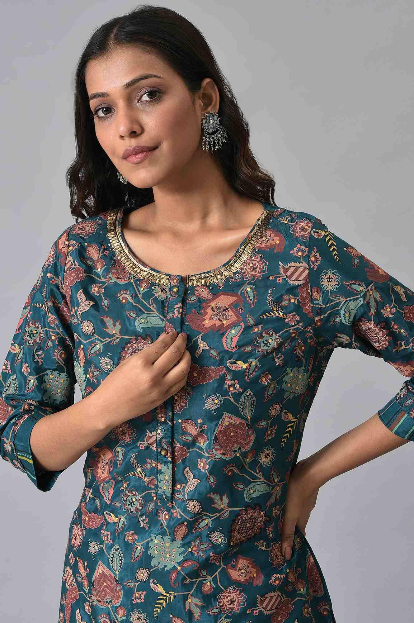 Teal Printed Embellished kurta Pant Set - Image 5