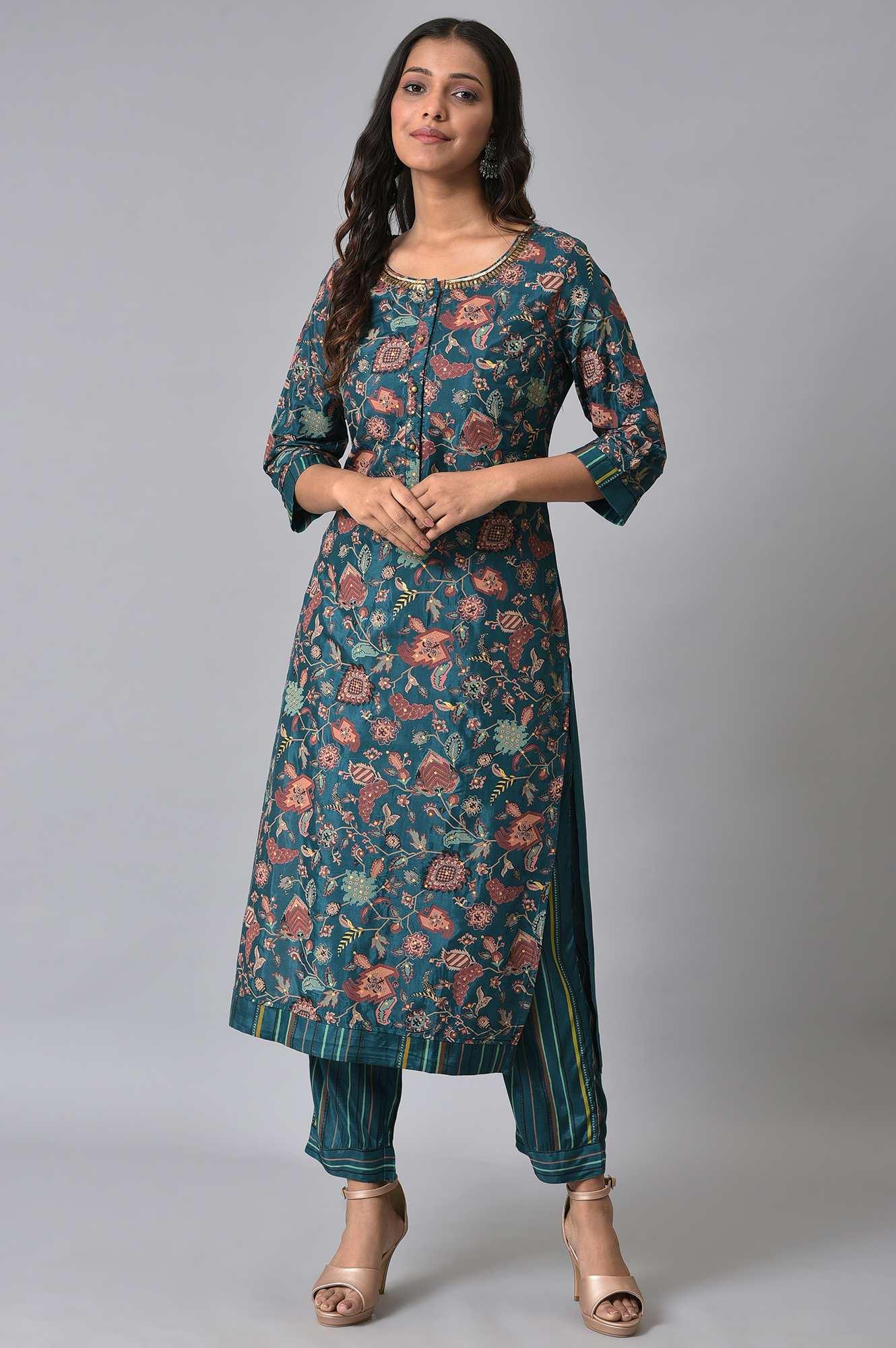 Teal Printed Embellished kurta Pant Set - Image 9