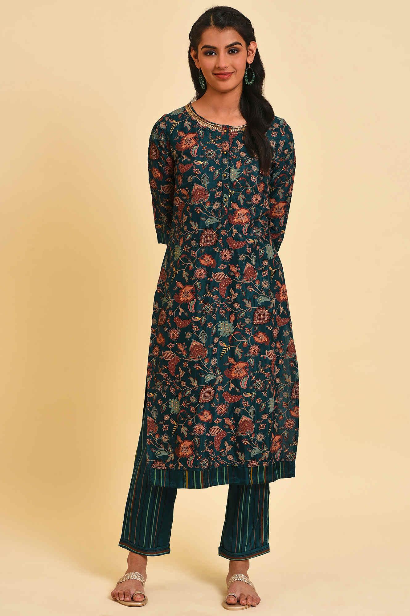 Teal Printed Embellished Neck Straight Plus Size kurta