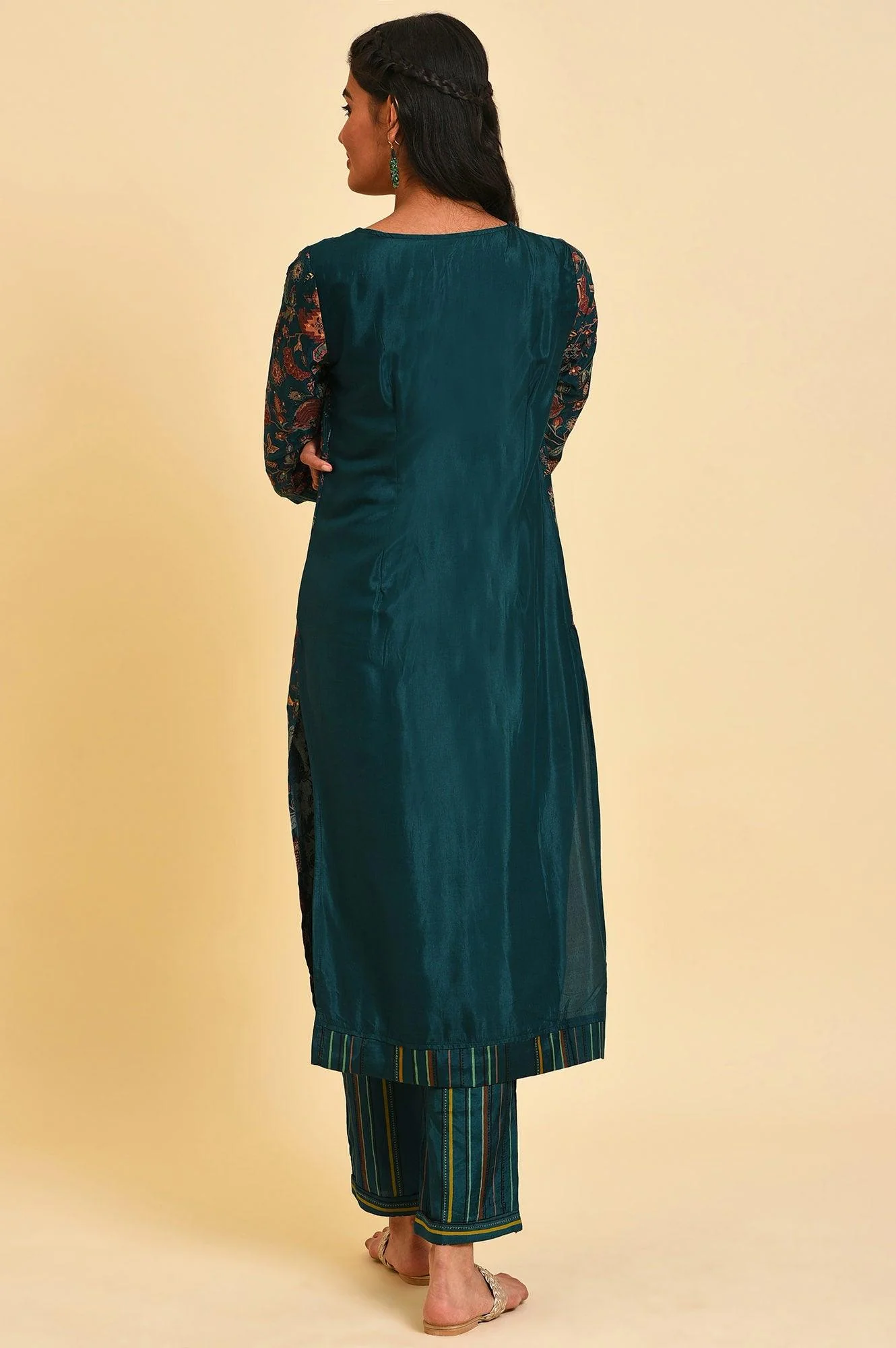 Teal Printed Embellished Neck Straight Plus Size kurta - Image 2