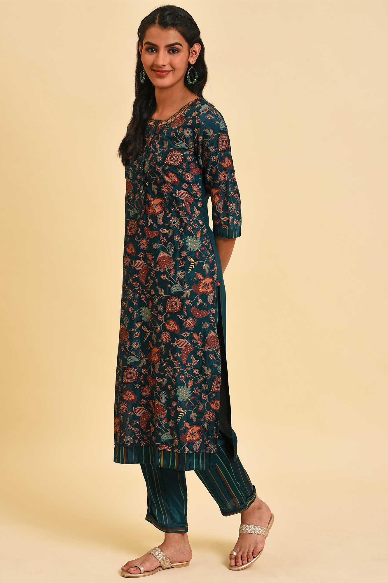 Teal Printed Embellished Neck Straight Plus Size kurta - Image 3