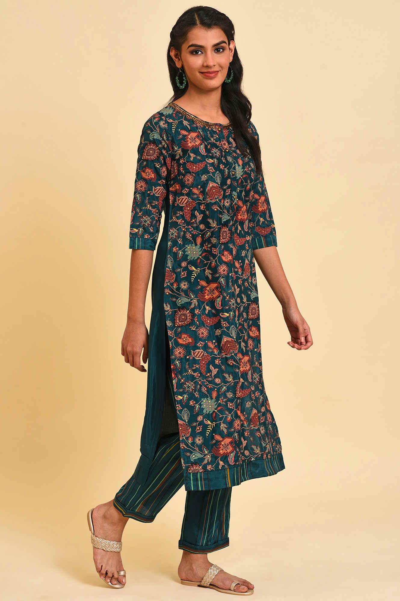 Teal Printed Embellished Neck Straight Plus Size kurta - Image 4