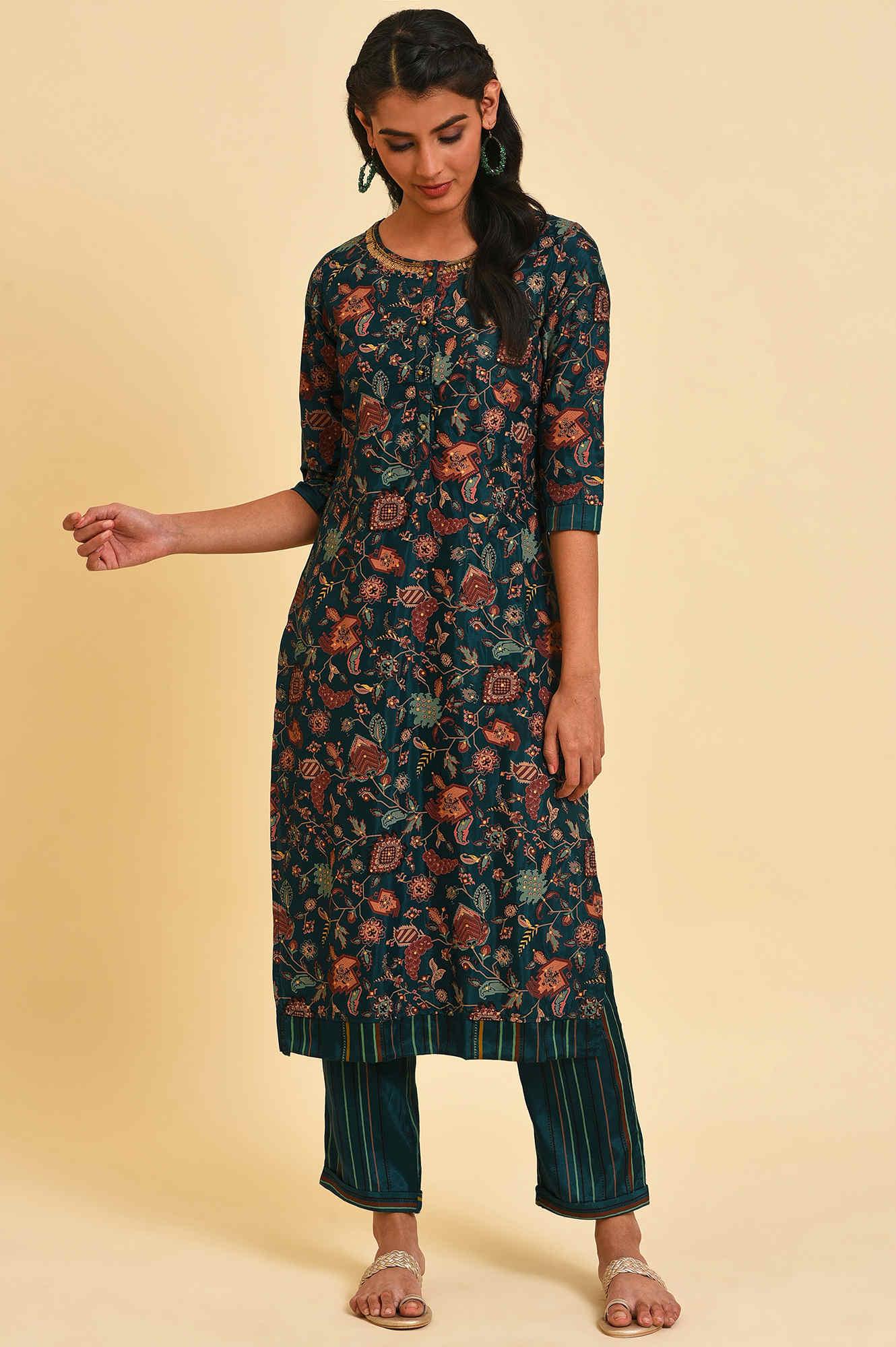Teal Printed Embellished Neck Straight Plus Size kurta - Image 6