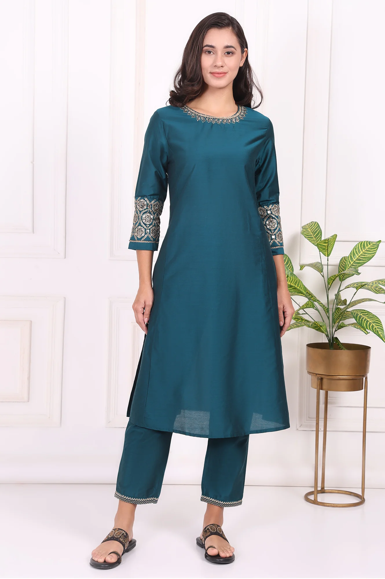 Teal Solid Embroidered Straight Kurta and Straight Pants Set - Image 2