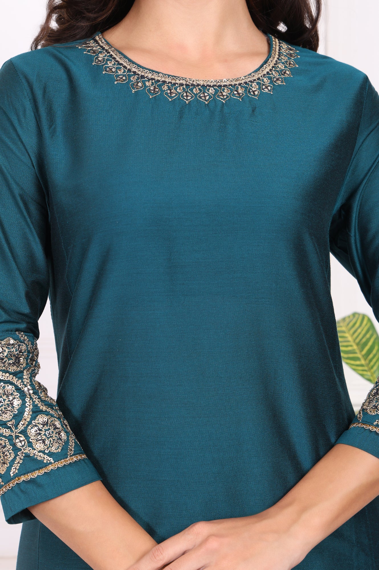 Teal Solid Embroidered Straight Kurta and Straight Pants Set - Image 3