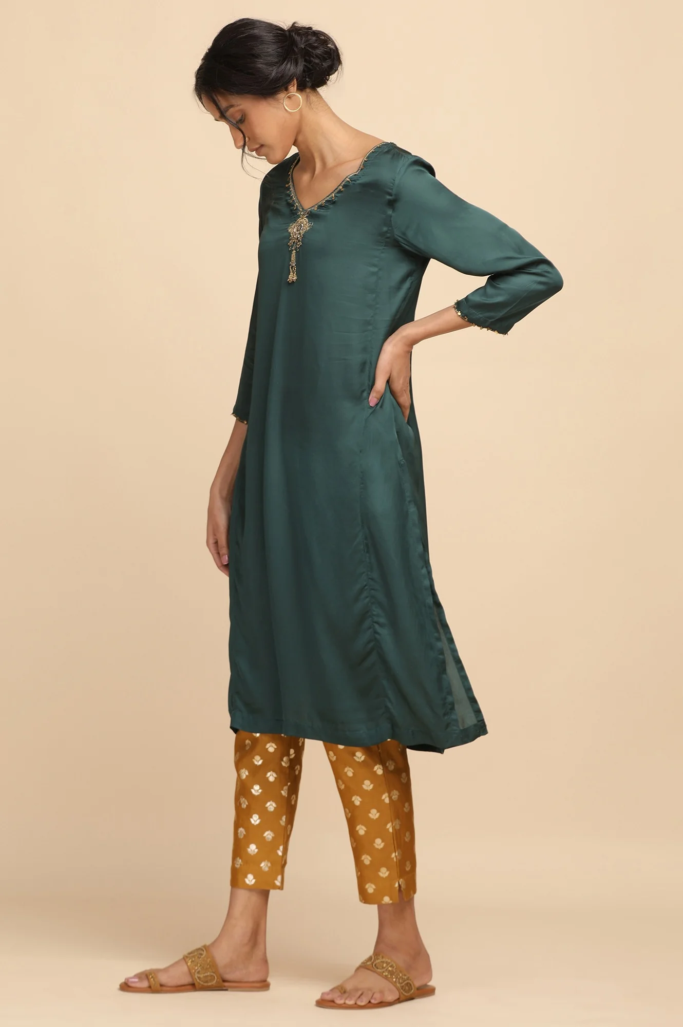 Teal Solid kurta in lustrous Modal Satin - Image 3
