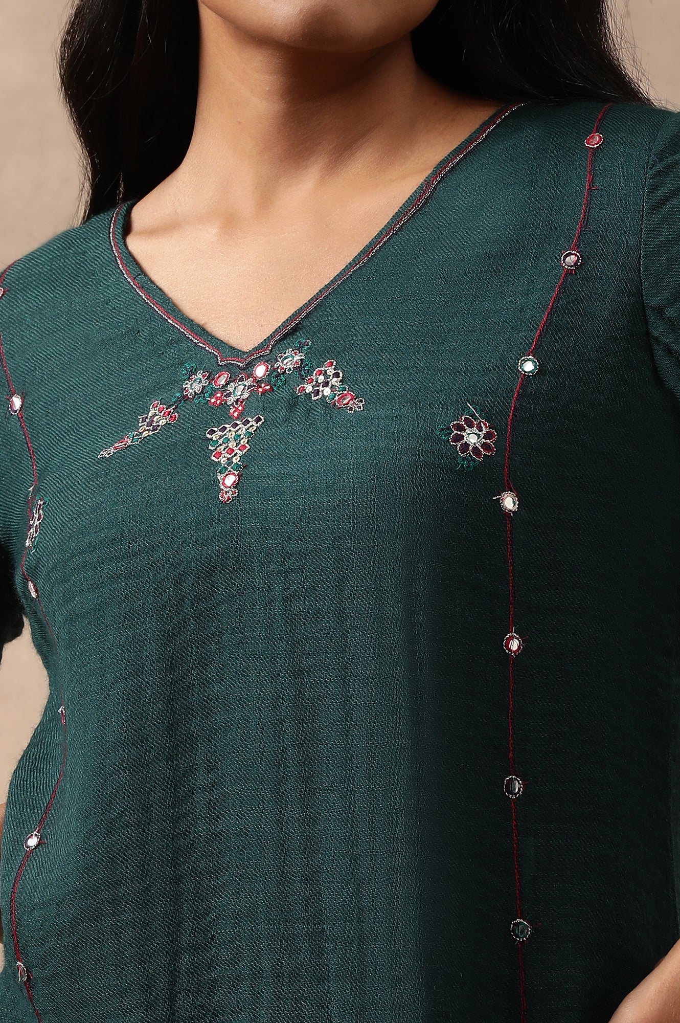 Teal Woollen Embroidered kurta - Image 7