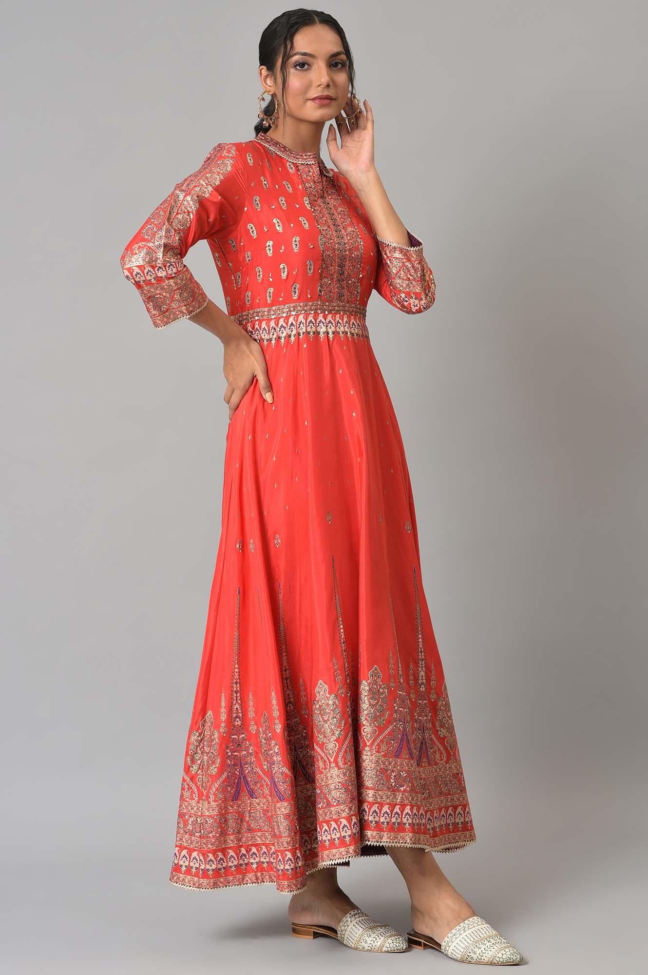 Tomato Red Festive Mughal Gown - Image 4