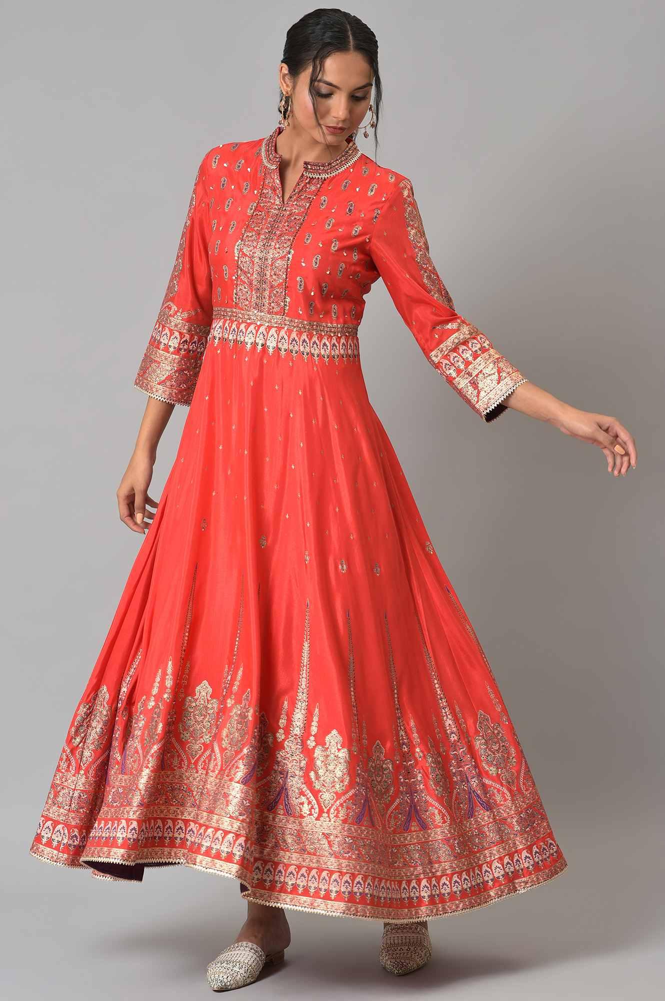 Tomato Red Festive Mughal Gown - Image 6