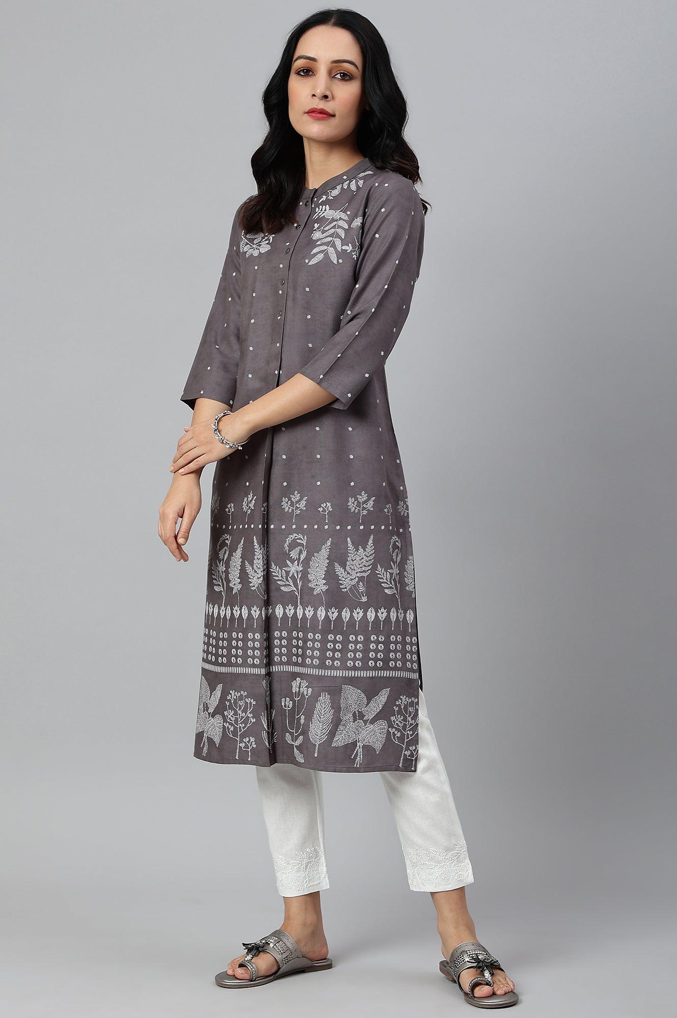 Tornado Grey Printed kurta In Half Placket - Image 3