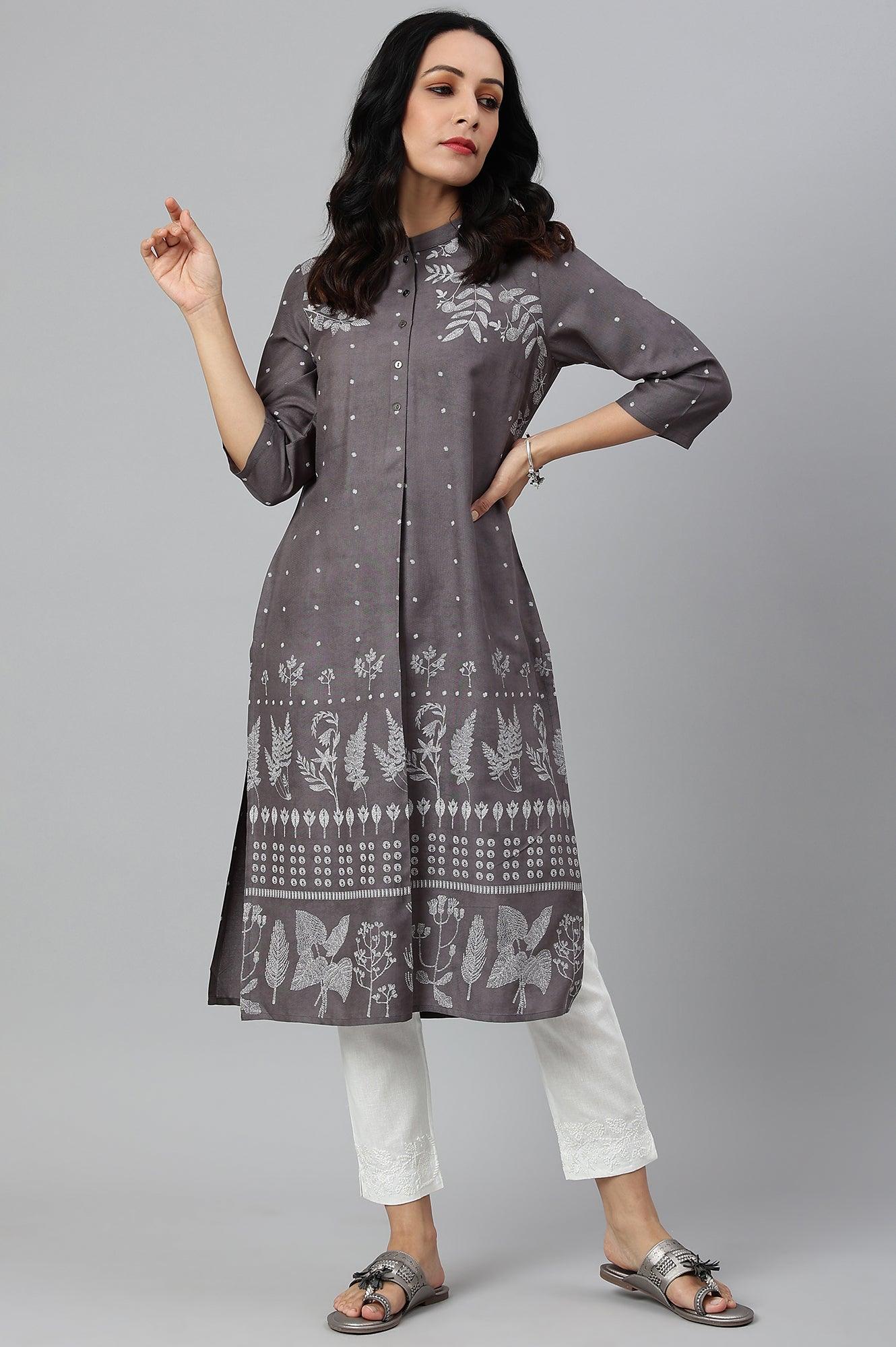 Tornado Grey Printed kurta In Half Placket - Image 5