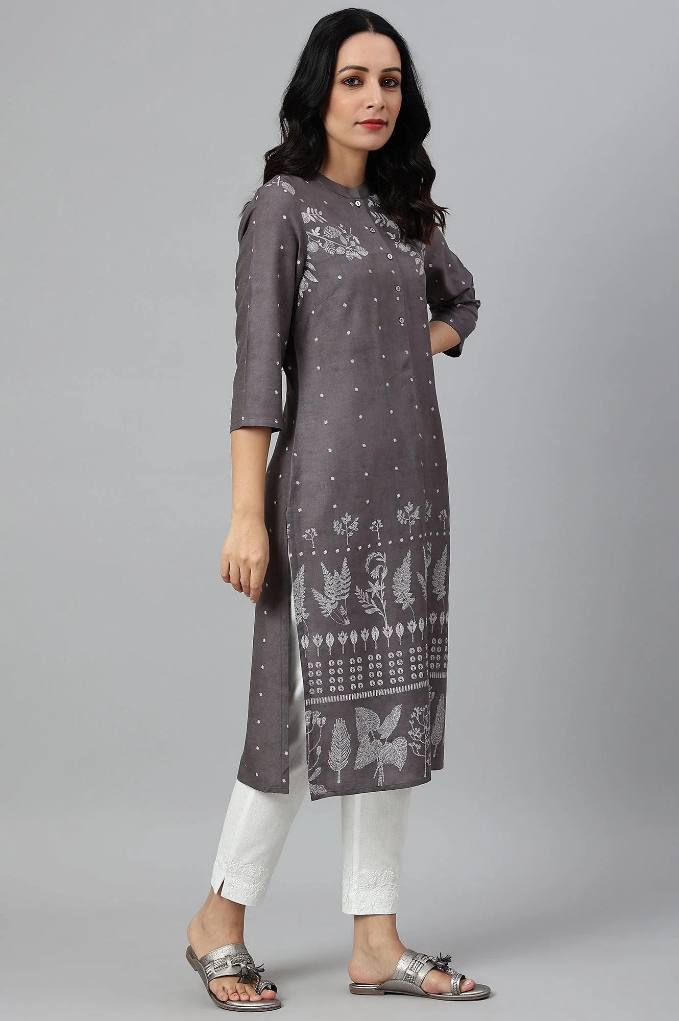 Tornado Grey Printed kurta In Half Placket - Image 6
