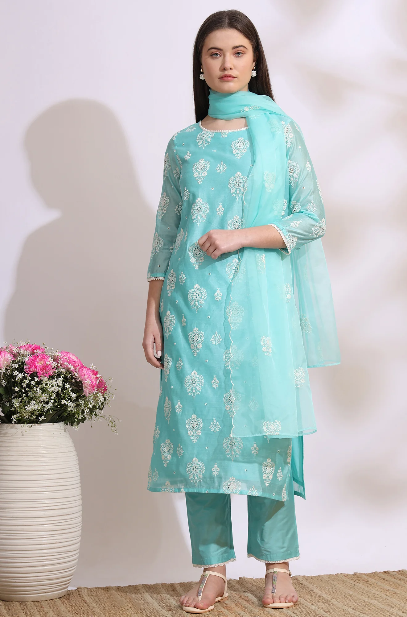 Turquiose Blue Schiffli Embroidered Straight Kurta, Pants and Dupatta Set - Image 2