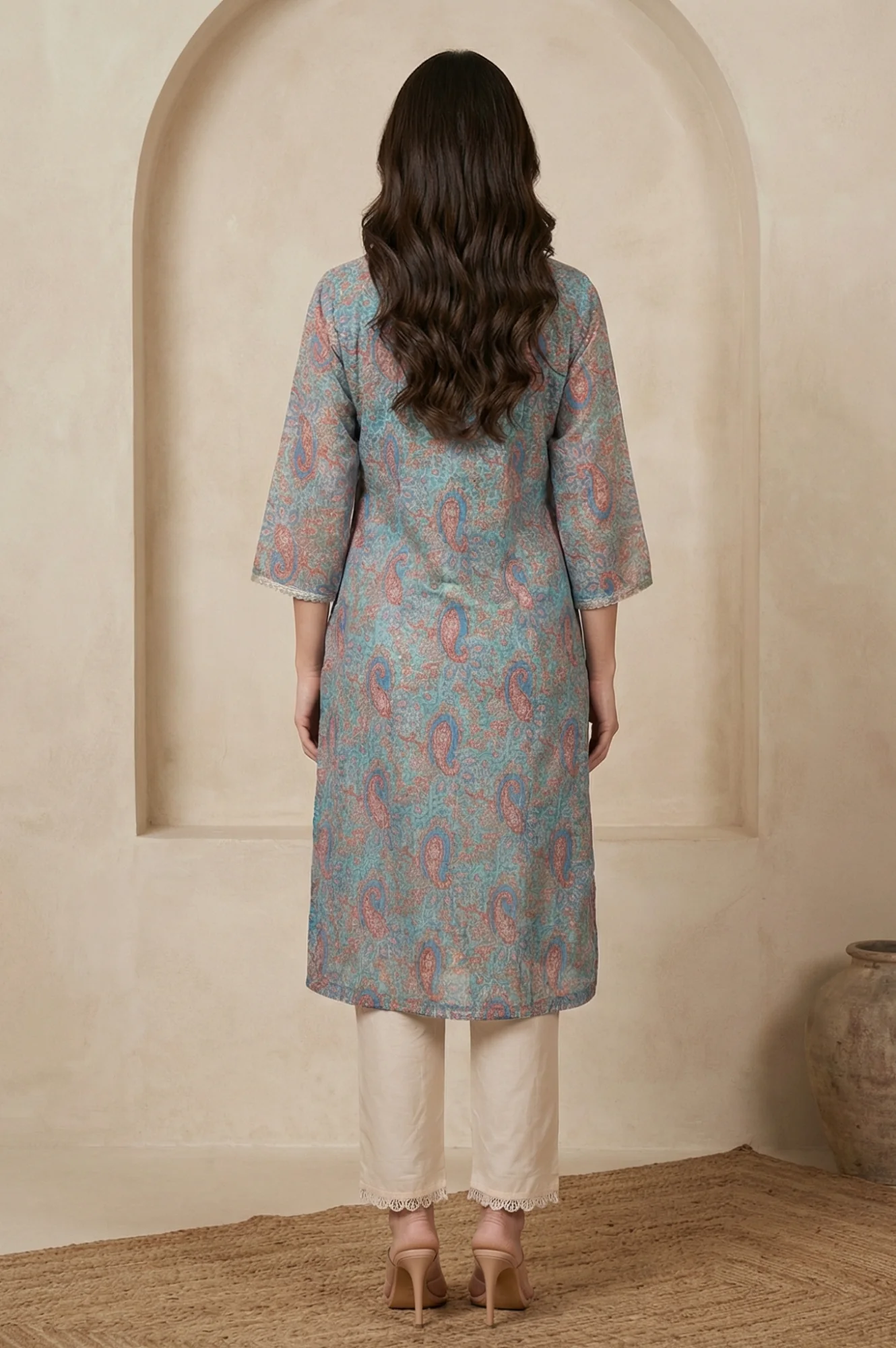 Turquoise Blue Ethnic Motifs Lace Kota Straight Kurta - Image 5