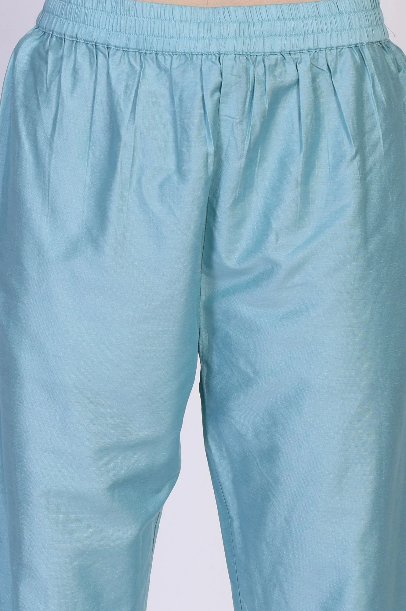 Turquoise Blue Floral Print Sequined Flared Chanderi Kurta with Pant and Dupatta Set - Image 7