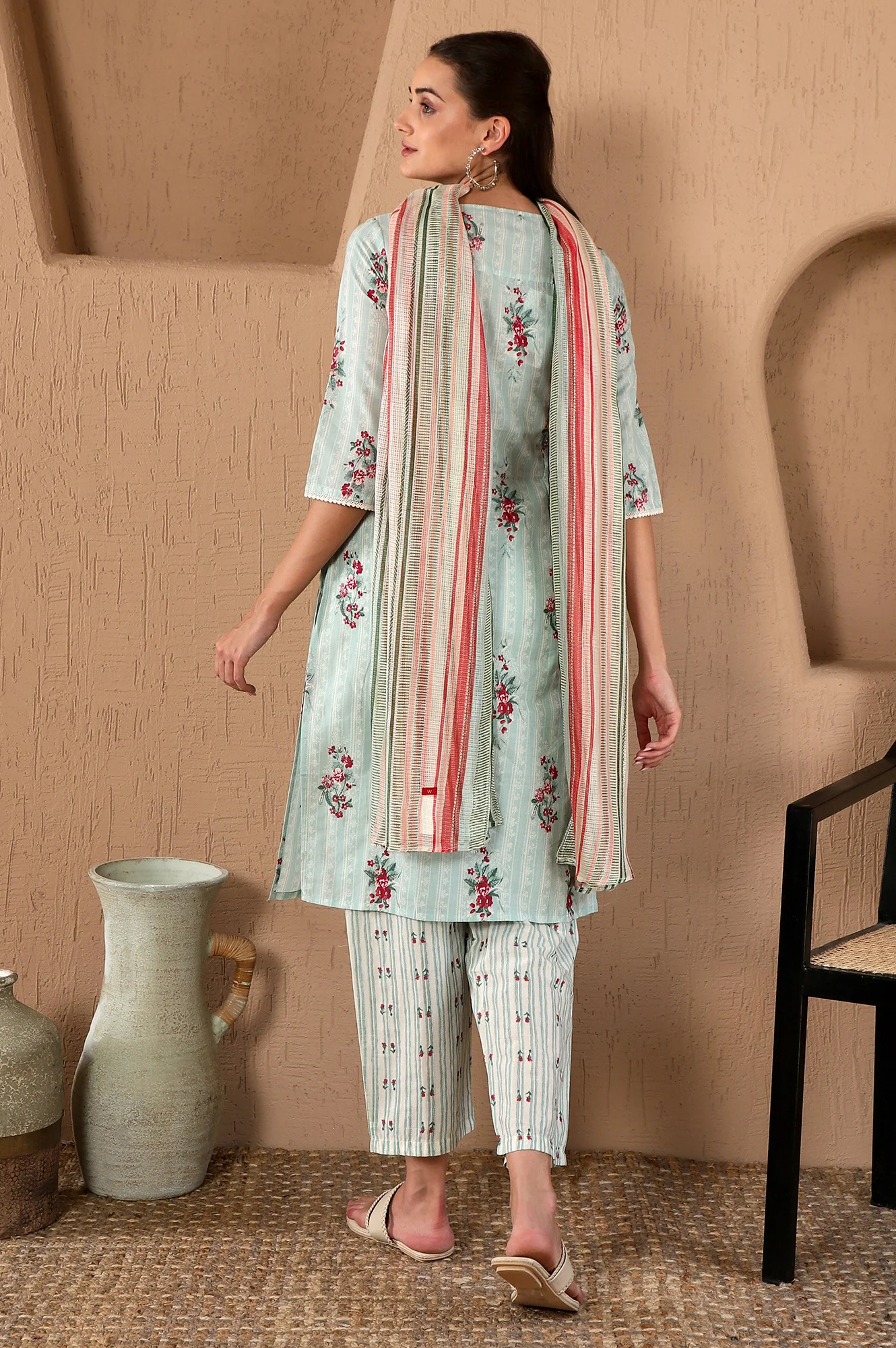 Turquoise Green Floral Printed With Lace Pure Cotton Straight Kurta and Pants Set with Kota Dupatta - Image 6