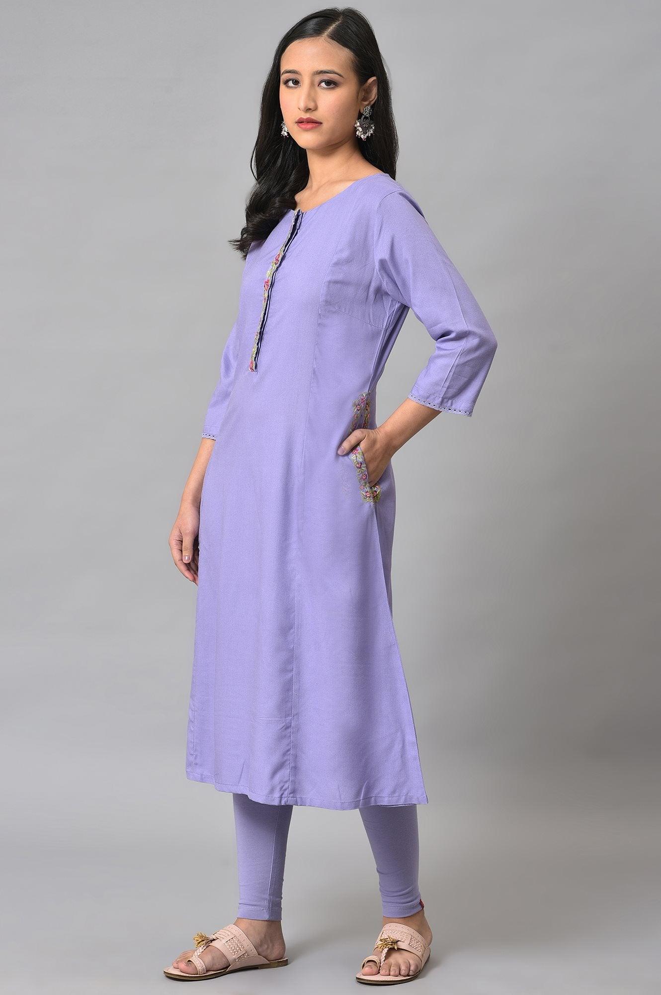 Voilet Embroidered A-Line kurta - Image 3