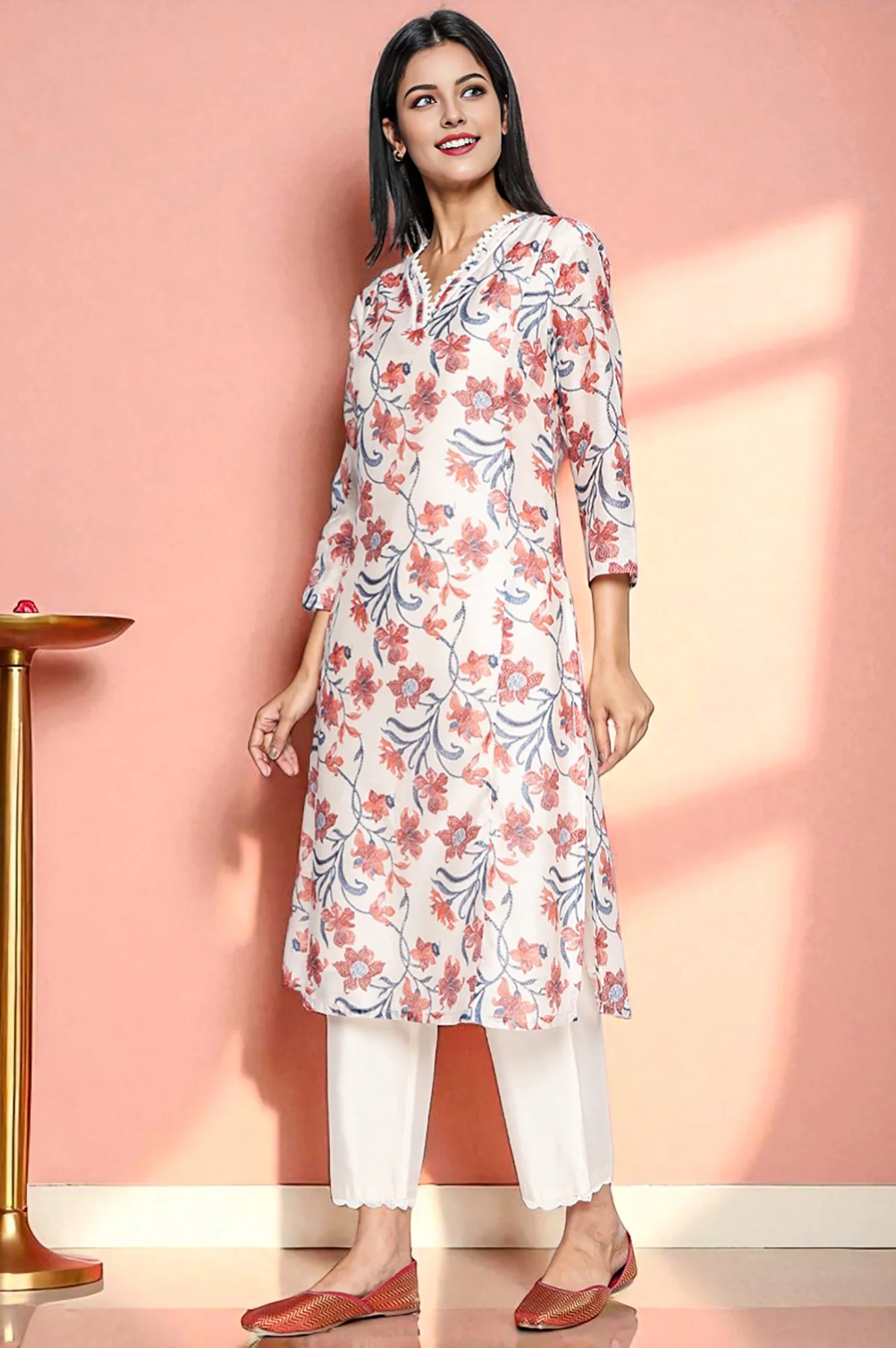 Walnut Beige Printed Chanderi A-line Kurta and Straight Pant Set - Image 3